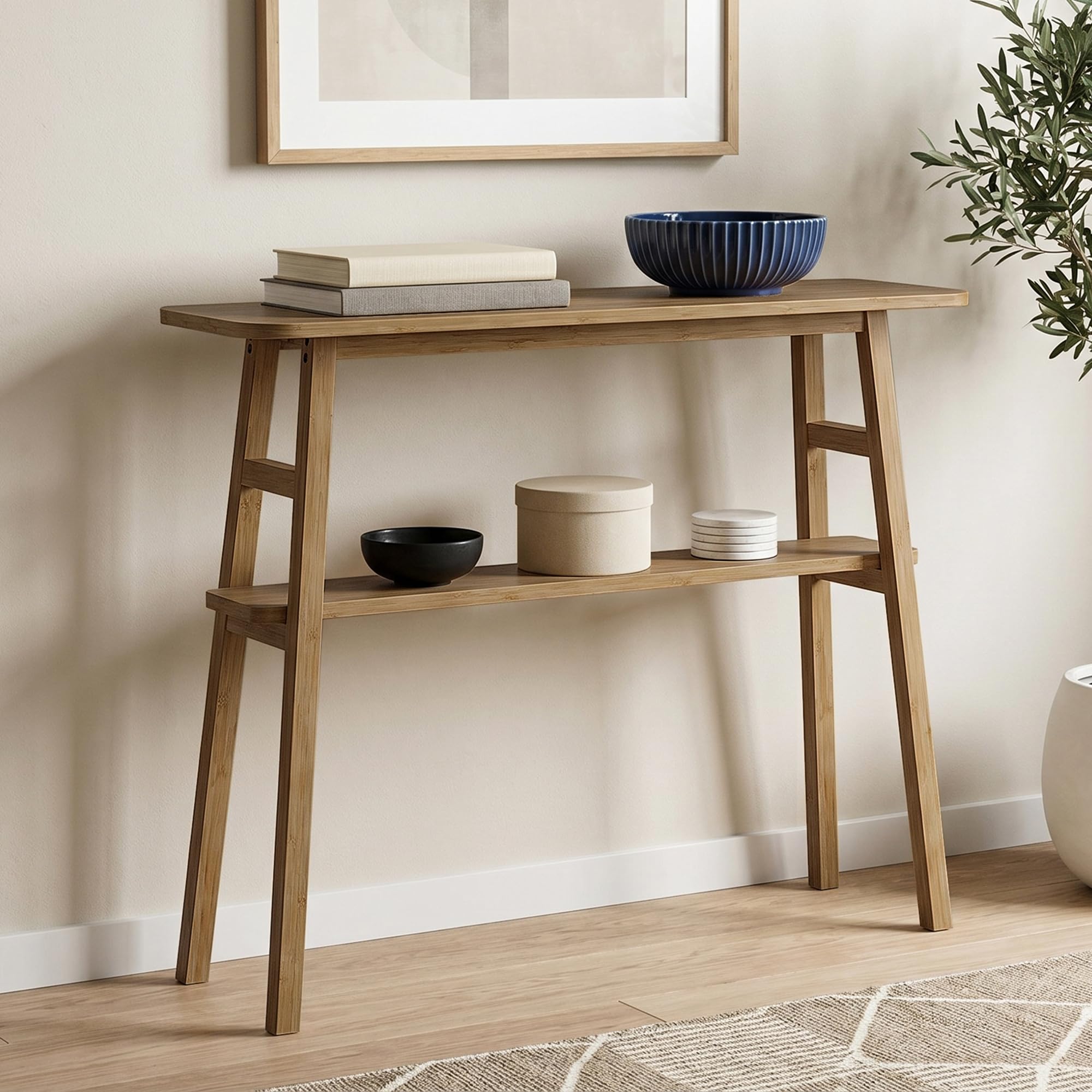 39.4" Brown Bamboo Narrow Console Table with Lower Storage Shelf