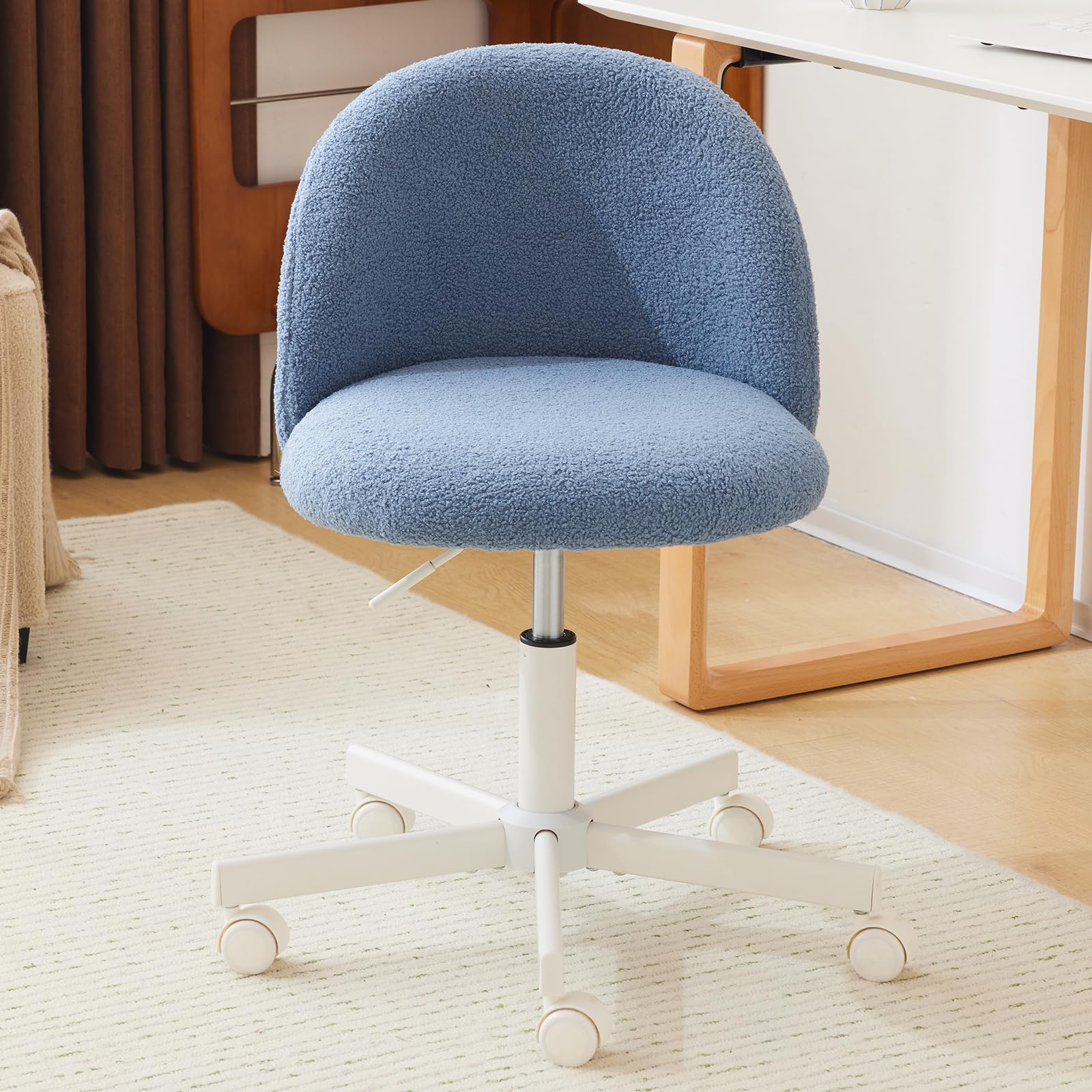 VINGLI Candy Chair Armless Cute Desk Chair,Comfy Small Office Chair with Wheels,Vanity Chair Lumbar Support,Teddy Adjustable Rolling Swivel Computer Task Chair for Home Office,Bedroom,Creamy Beige