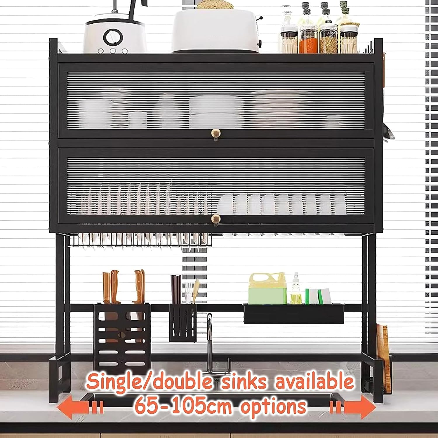 Over The Sink Dish Drying Rack 3 Tier with Acrylic Doors and Suction Cup Feet Kitchen Sink Caddy Organizer Carbon Steel Large Dishes Drying Rack for Kitchens(White,85 * 28 * 102cm)
