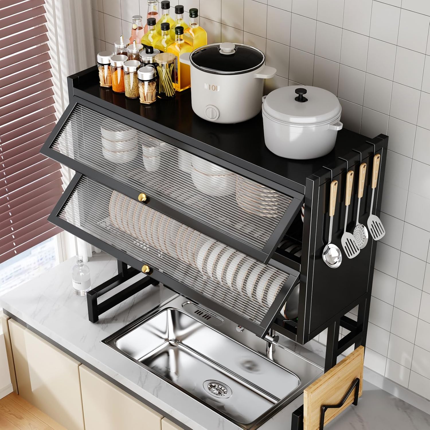 PENSUN Dish Drying Rack Over The Sink, 2-Tier Kitchen Utensil Storage Organizer Shelf, Space-Saving ，Efficient Sink Drainer and Storage Solution - 85cm/33.46in (Black