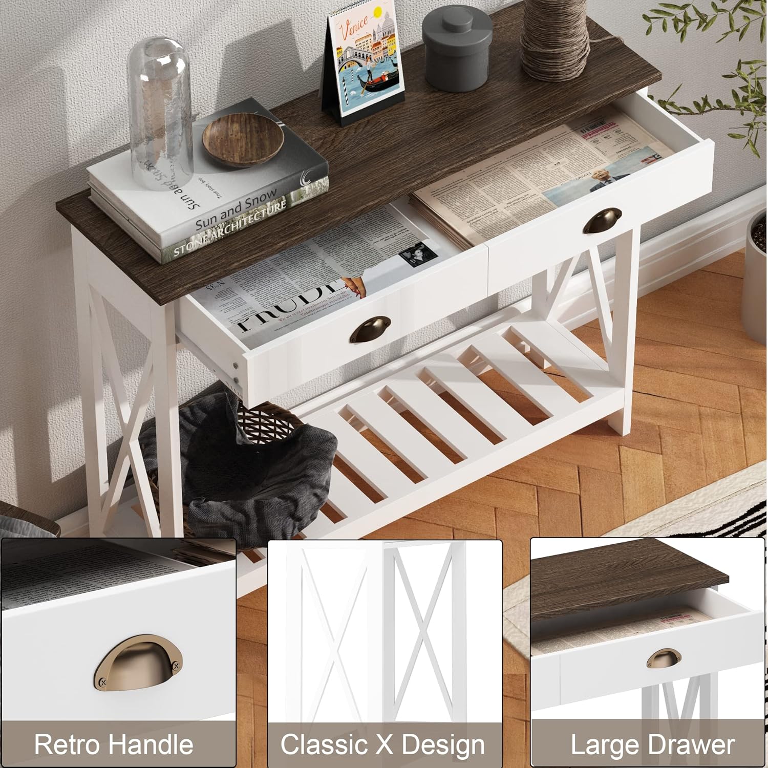 ChooChoo Farmhouse Console Table with Drawer for Entryway, Narrow Long Entry Table with Shelf for Living Room, Rustic Vintage Hallway Sofa Table with Stable X Supports, 40 White