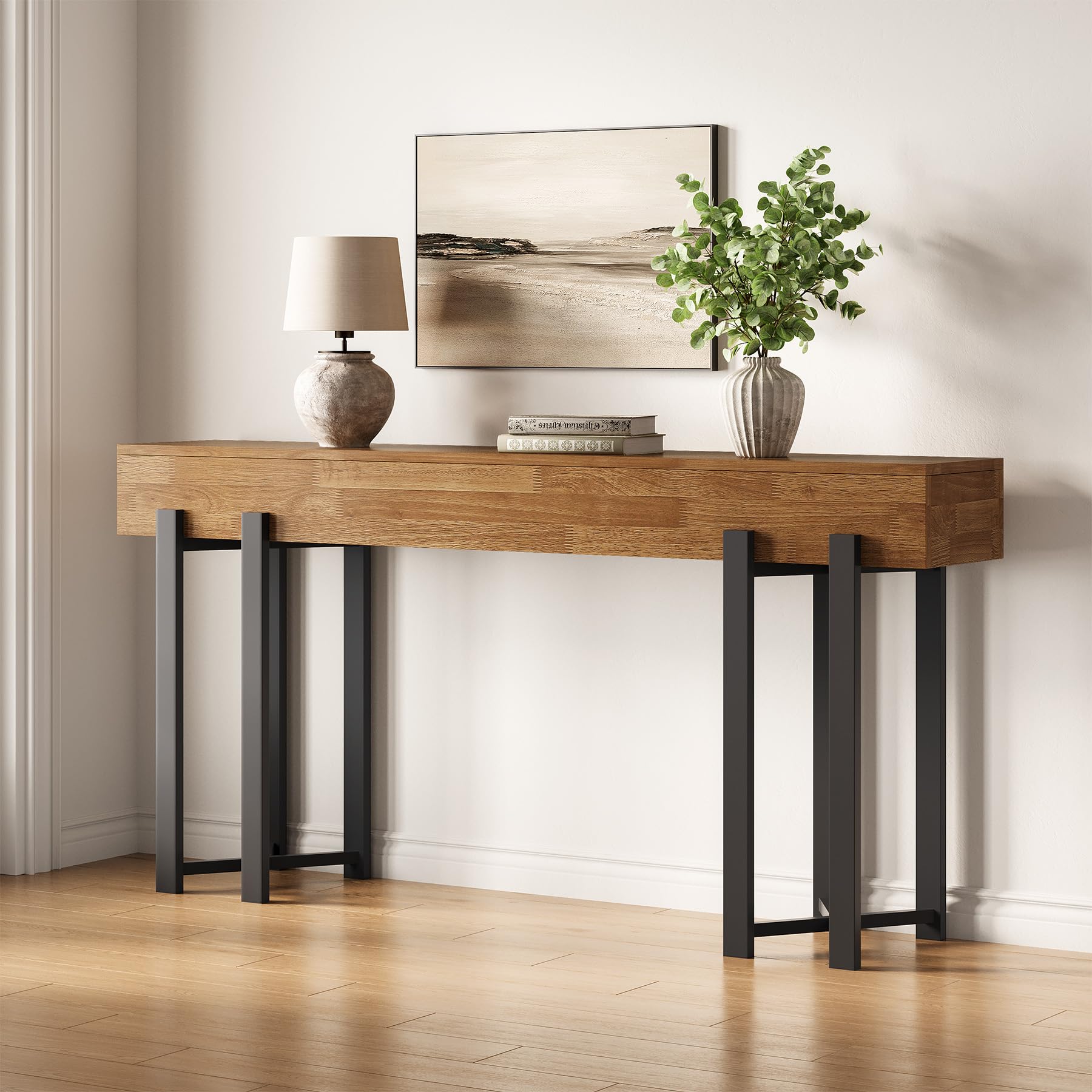 LITTLE TREE 63-Inch Console Table for Entryway, Industrial Behind Couch Table, Minimalist Sofa Table for Living Room, Rustic Brown Wooden Hallway Foyer Table with Black Metal Frame
