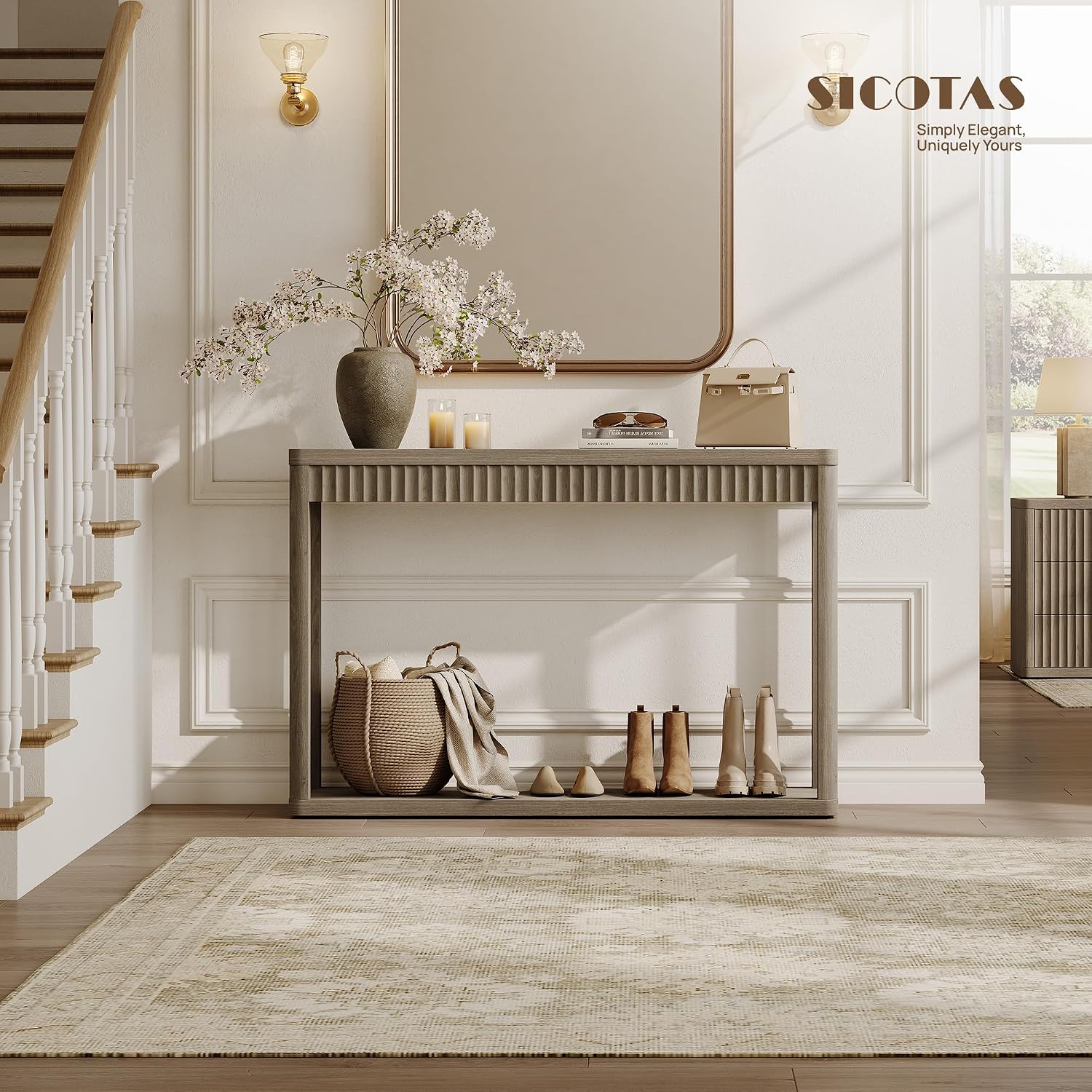 SICOTAS Entryway Table with Storage Shelf, Modern Console Table, Fluted Narrow Entry Table 47.32" Entry Way Table, Wooden Couch Table Behind Sofa for Living Room Hallway Entrance Foyer, Grey Alder