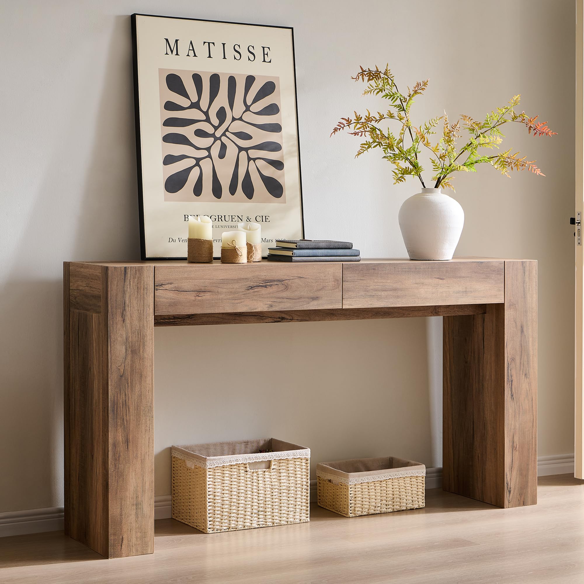OKD Modern Entryway Console Table, Sofa Table with Drawers, 63" Long Hall Table Behind Couch, Thick Wood Design for Living Room, Hallway - Light Knotty Oak