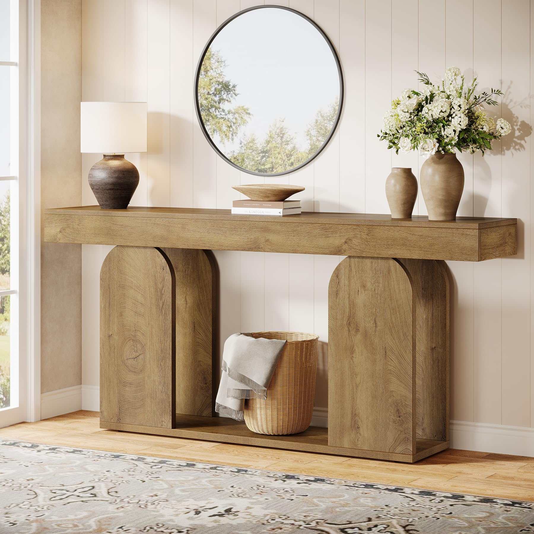Tribesigns 70.9-Inch Extra Long Sofa Table, Farmhouse Console Tables with Wood Frame and Storage Shelf, 2-Tier Wood Table Behind Couch for Living Room, Hallway, Foyer, Light Brown