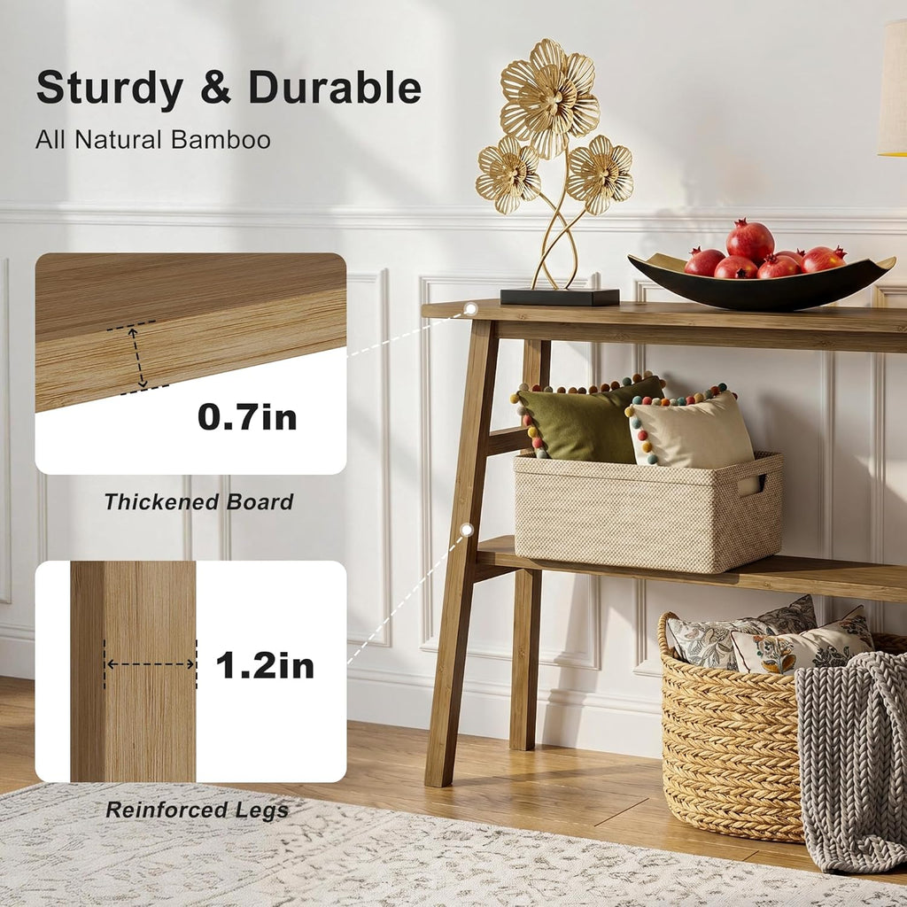 39.4" Brown Bamboo Narrow Console Table with Lower Storage Shelf