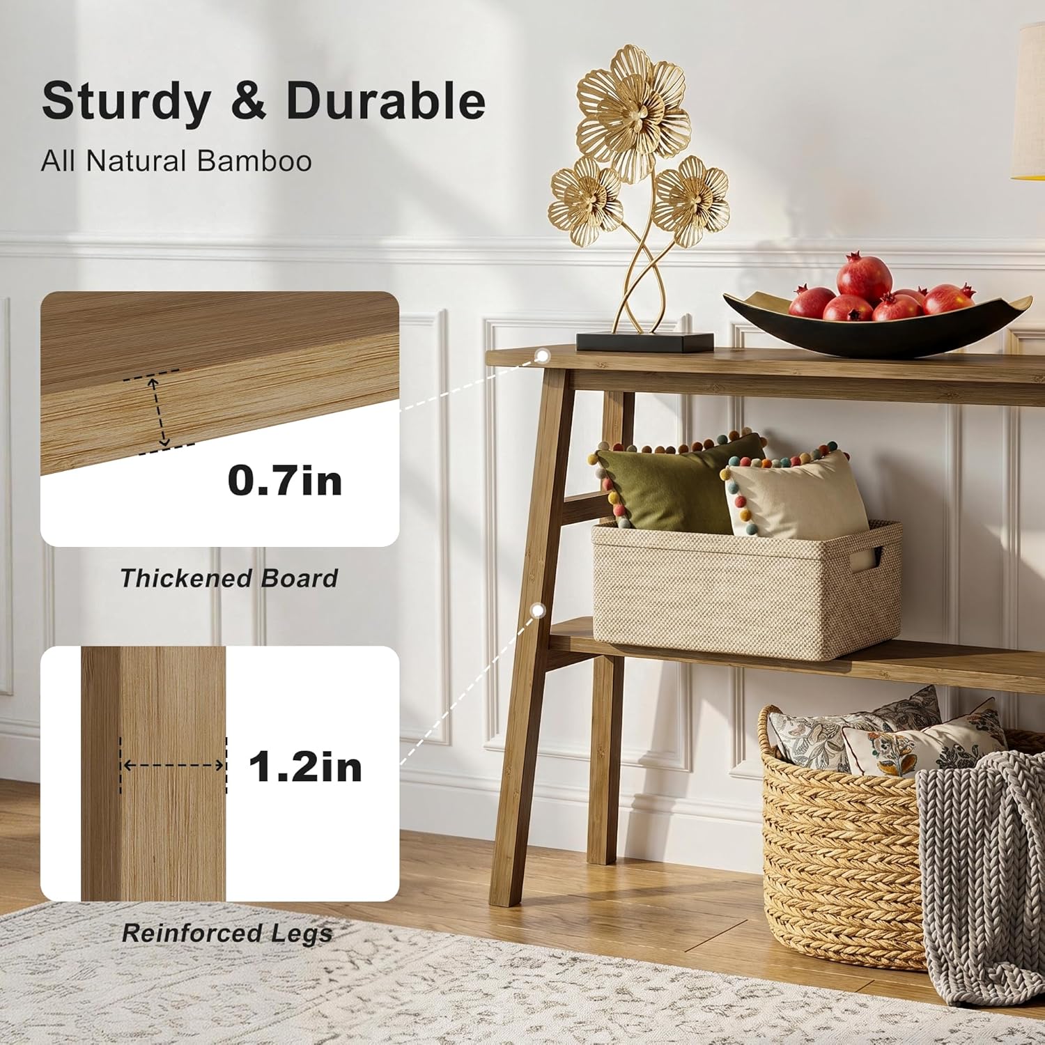 39.4" Brown Bamboo Narrow Console Table with Lower Storage Shelf