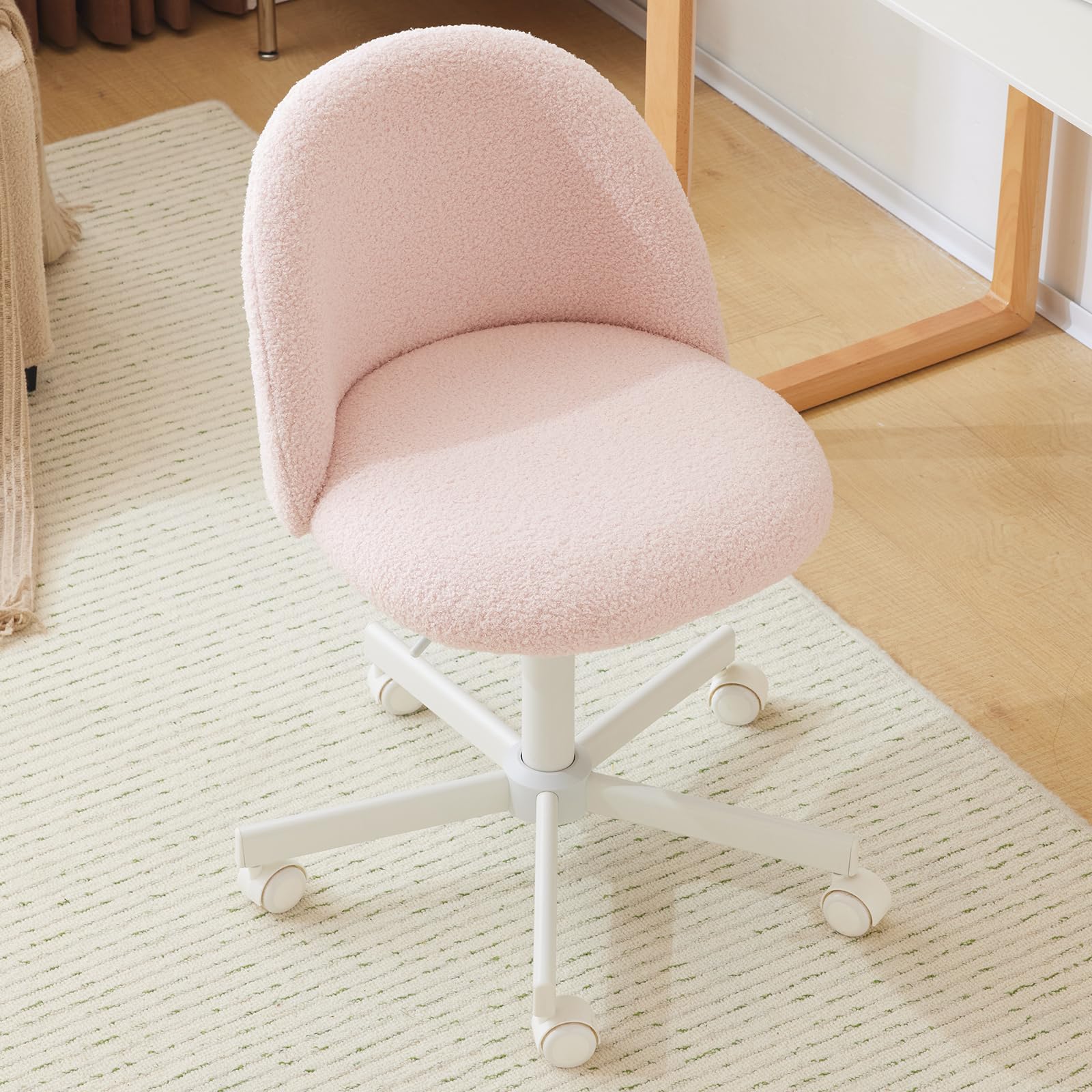 VINGLI Candy Chair Armless Cute Desk Chair,Comfy Small Office Chair with Wheels,Vanity Chair Lumbar Support,Teddy Adjustable Rolling Swivel Computer Task Chair for Home Office,Bedroom,Creamy Beige