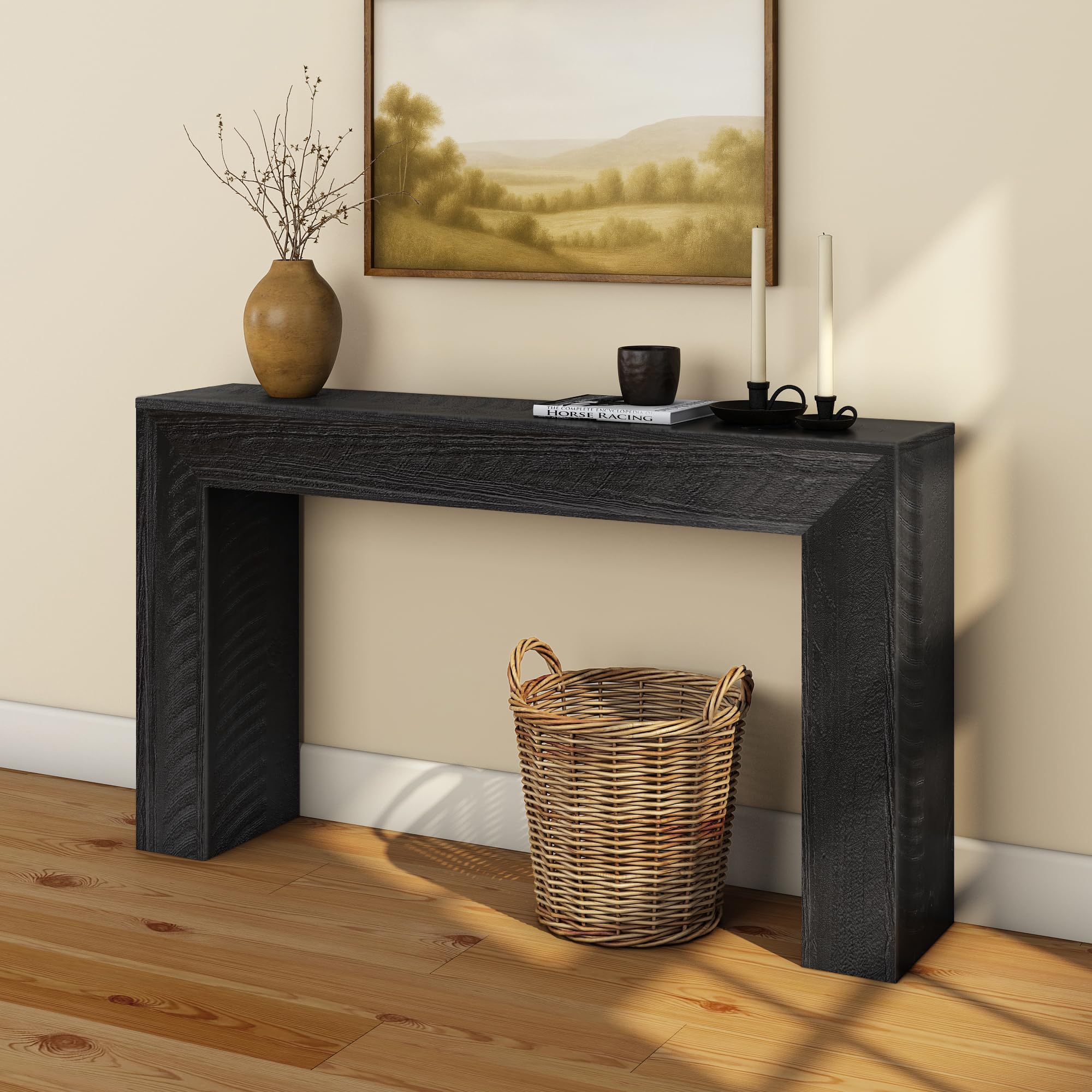 Plank+Beam Grand Console Table, 66 Inch Modern Solid Wood Sofa Table, Narrow Entryway Table for Hallway, Behind the Couch, Living Room, Foyer, Black Wirebrush