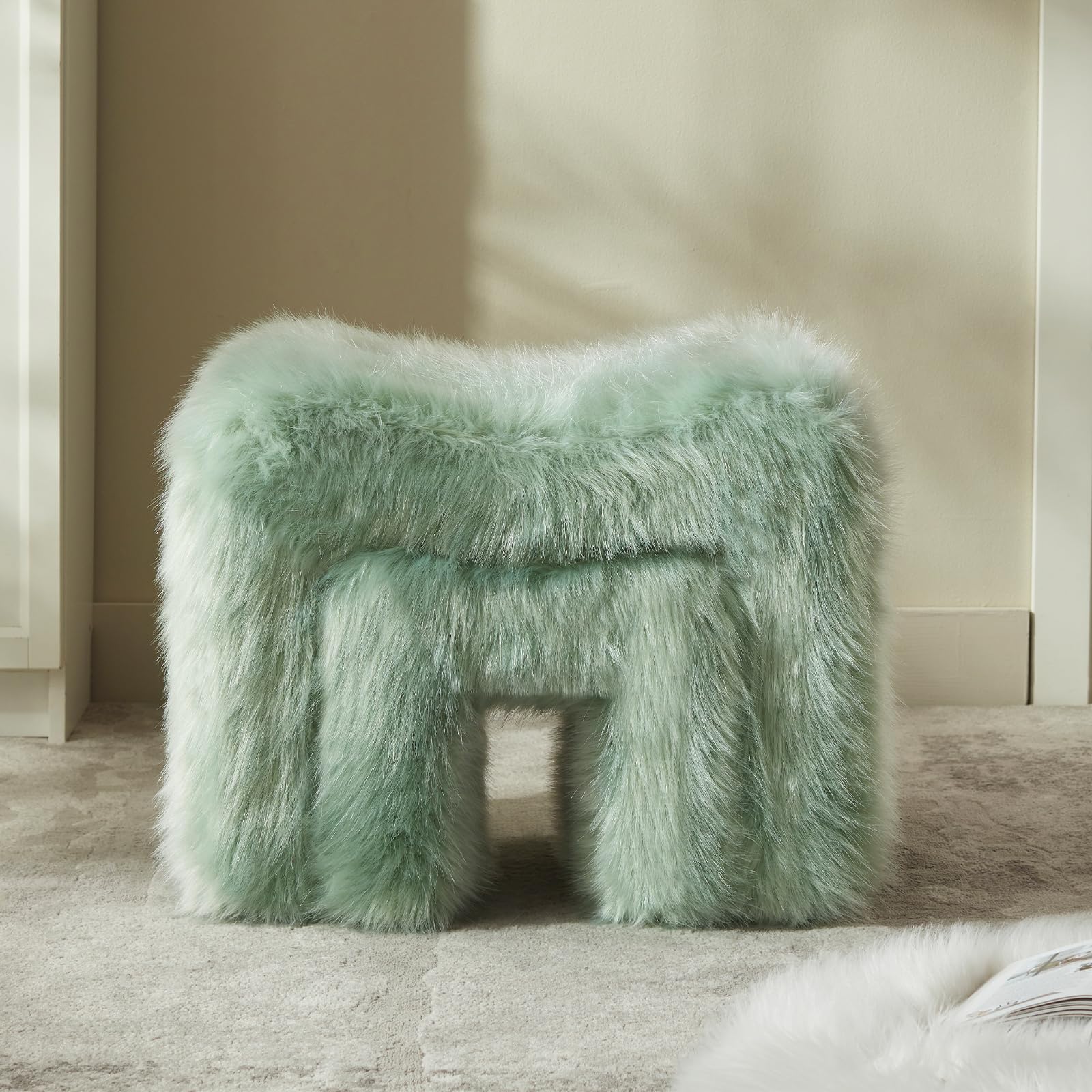 Ottoman Vanity Stool Chair Small Footstool Seating Backless Modern Foot Rest Teddy Velvet Ottoman for Makeup Room Living Room Bedroom Entryway,White (Single 1)