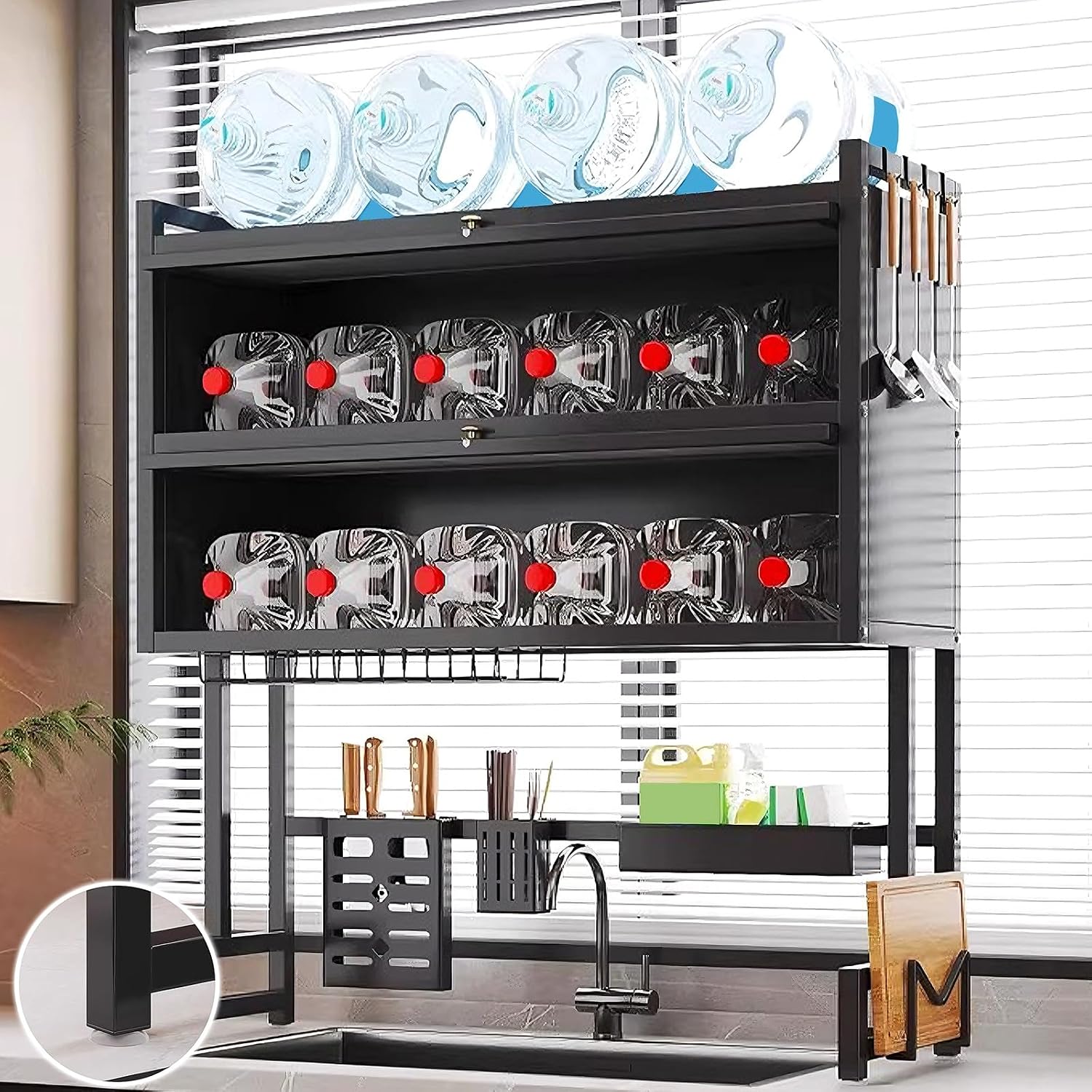 Over The Sink Dish Drying Rack 3 Tier with Acrylic Doors and Suction Cup Feet Kitchen Sink Caddy Organizer Carbon Steel Large Dishes Drying Rack for Kitchens(White,85 * 28 * 102cm)