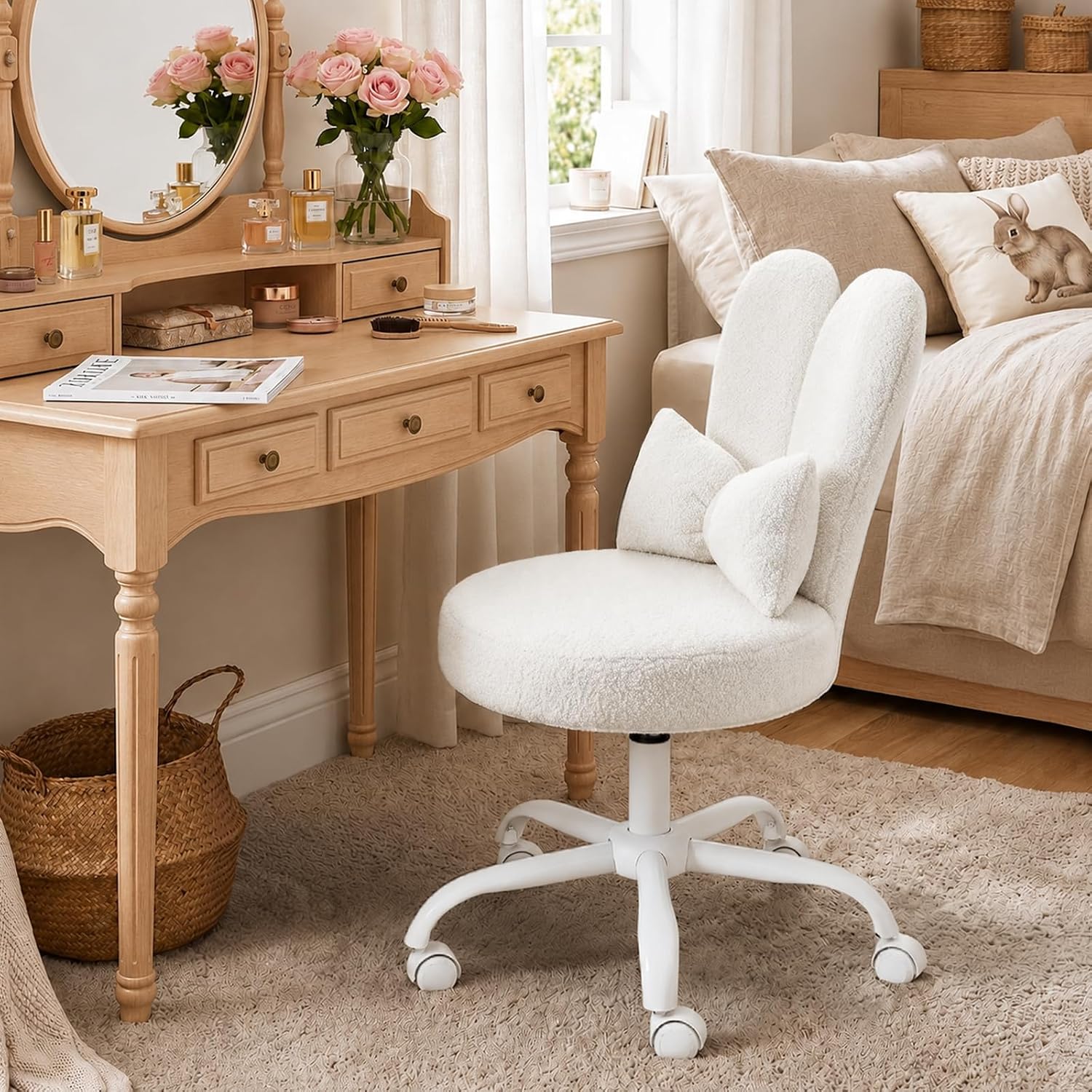 VINGLI Playful Rabbit Ear Swivel White Vanity Desk Chair with wheels&Bow Pillow,Cute Comfy Small Armless Adjustable Rolling Stool for Bedroom/Home Office,for Kids,Teens,Girls,Women,Adults,Teddy Fleece