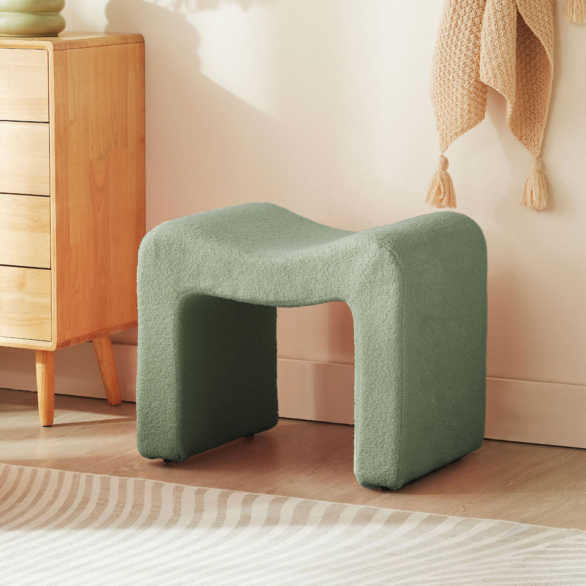Ottoman Vanity Stool Chair Small Footstool Seating Backless Modern Foot Rest Teddy Velvet Ottoman for Makeup Room Living Room Bedroom Entryway,White (Single 1)