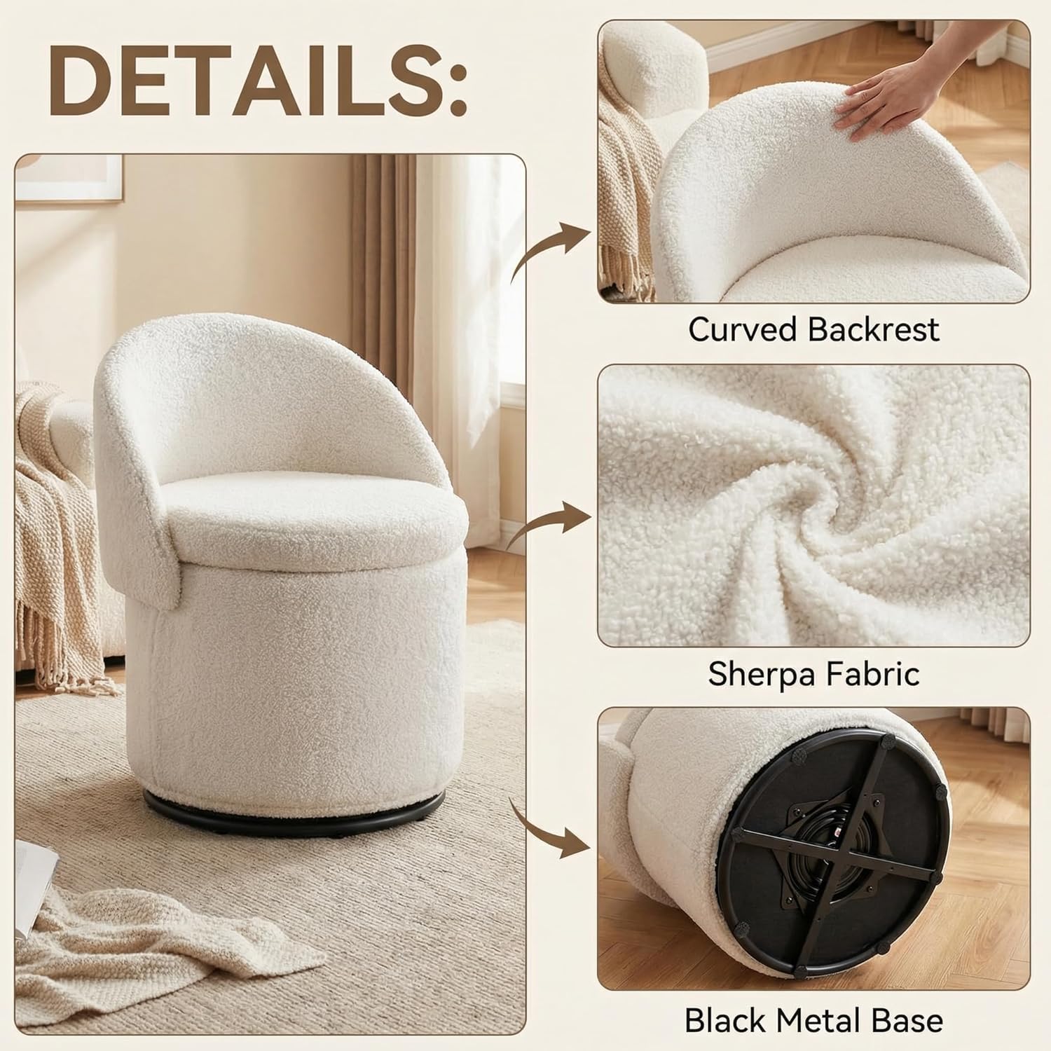 LukeAlon Sherpa Makeup Ottoman with Storage, Upholstered 360° Swivel Vanity Stool with Foldable Backrest Modern Cylindrical Footrest Stool for Living Room Bedroom, White