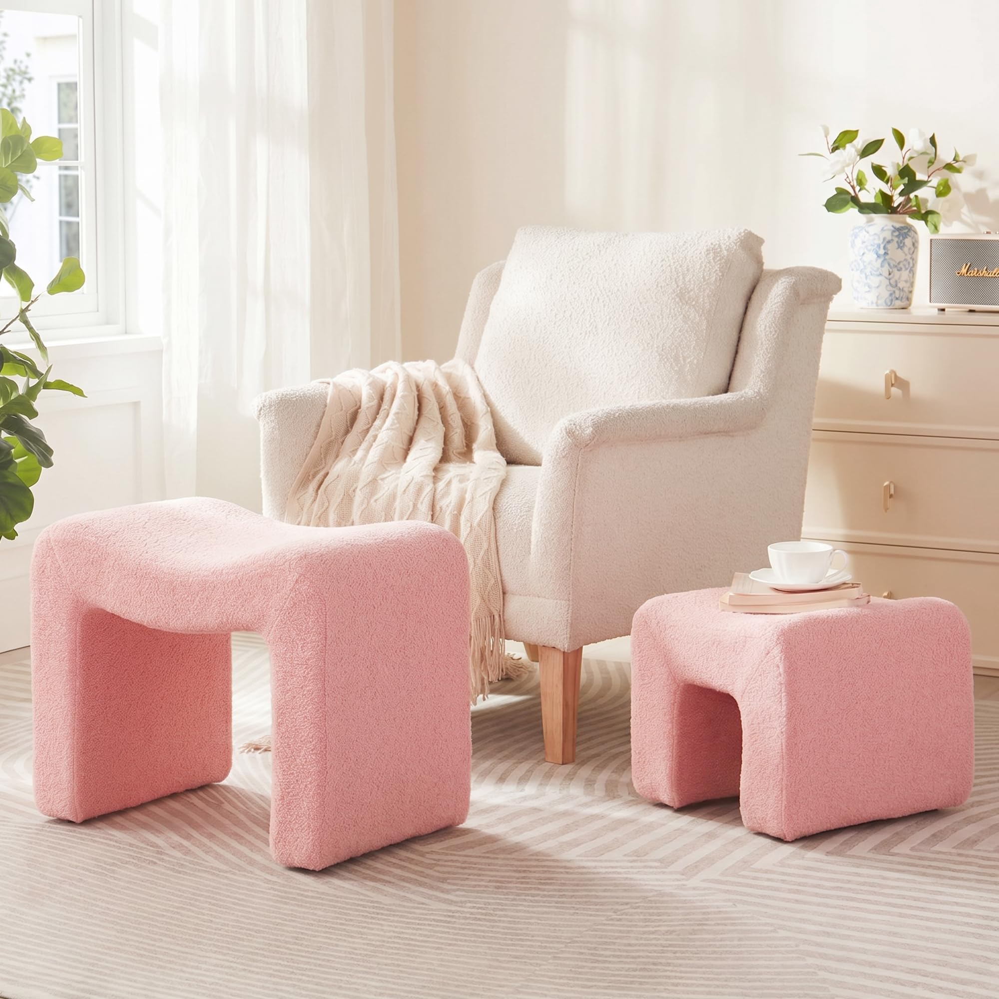 Ottoman Vanity Stool Chair Small Footstool Seating Backless Modern Foot Rest Teddy Velvet Ottoman for Makeup Room Living Room Bedroom Entryway,White (Single 1)