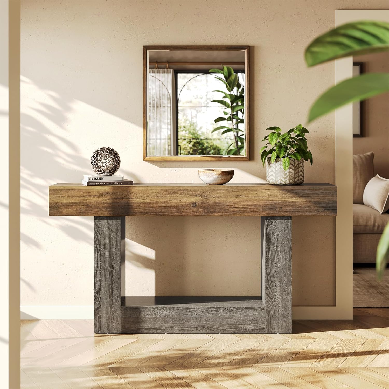 LITTLE TREE 63 Inches Long Console Table, 2-Tier Farmhouse Sofa Table Behind Couch, Large Narrow Entryway Table for Living Room, Wooden Hallway Foyer Table with Heavy Duty Base, Rustic Brown and Grey