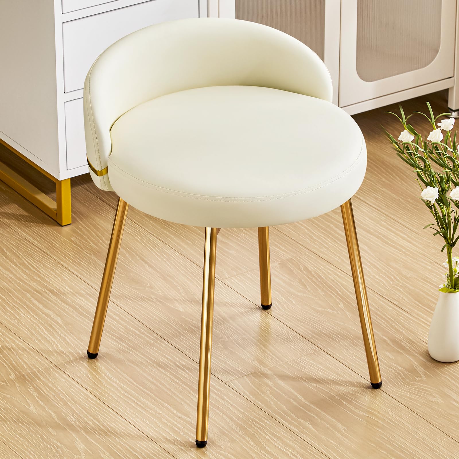 Velvet Vanity Chair with Soft Seat Matel Legs, Cute Makeup Desk Chair for Small Space, Upholstered Modern Vanity Stool with Low Back for Makeup Room Bedroom Dressing Room, Beige