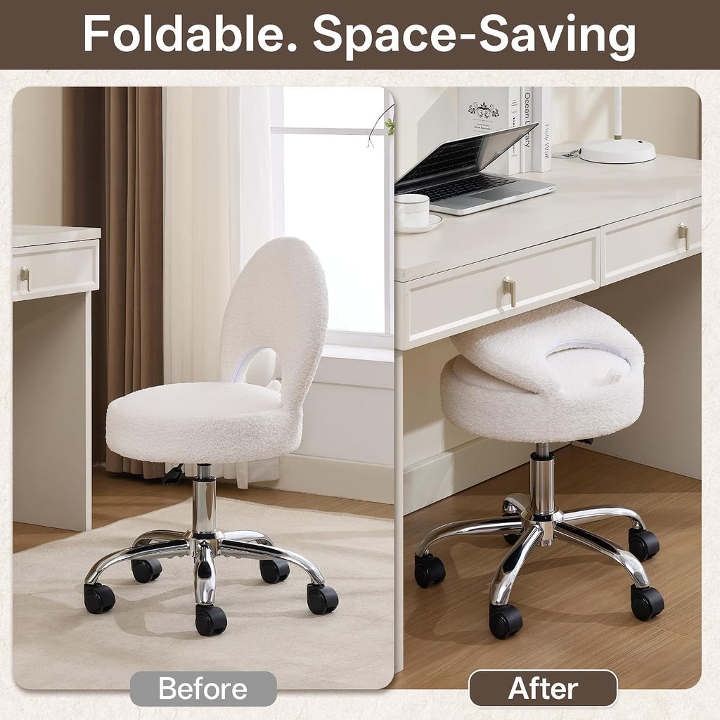 Home Office Chair Foldable Vanity Chair Vanity Stool with Storage 15.8" Spacious Seat 360° Swivel Height Adjustable White
