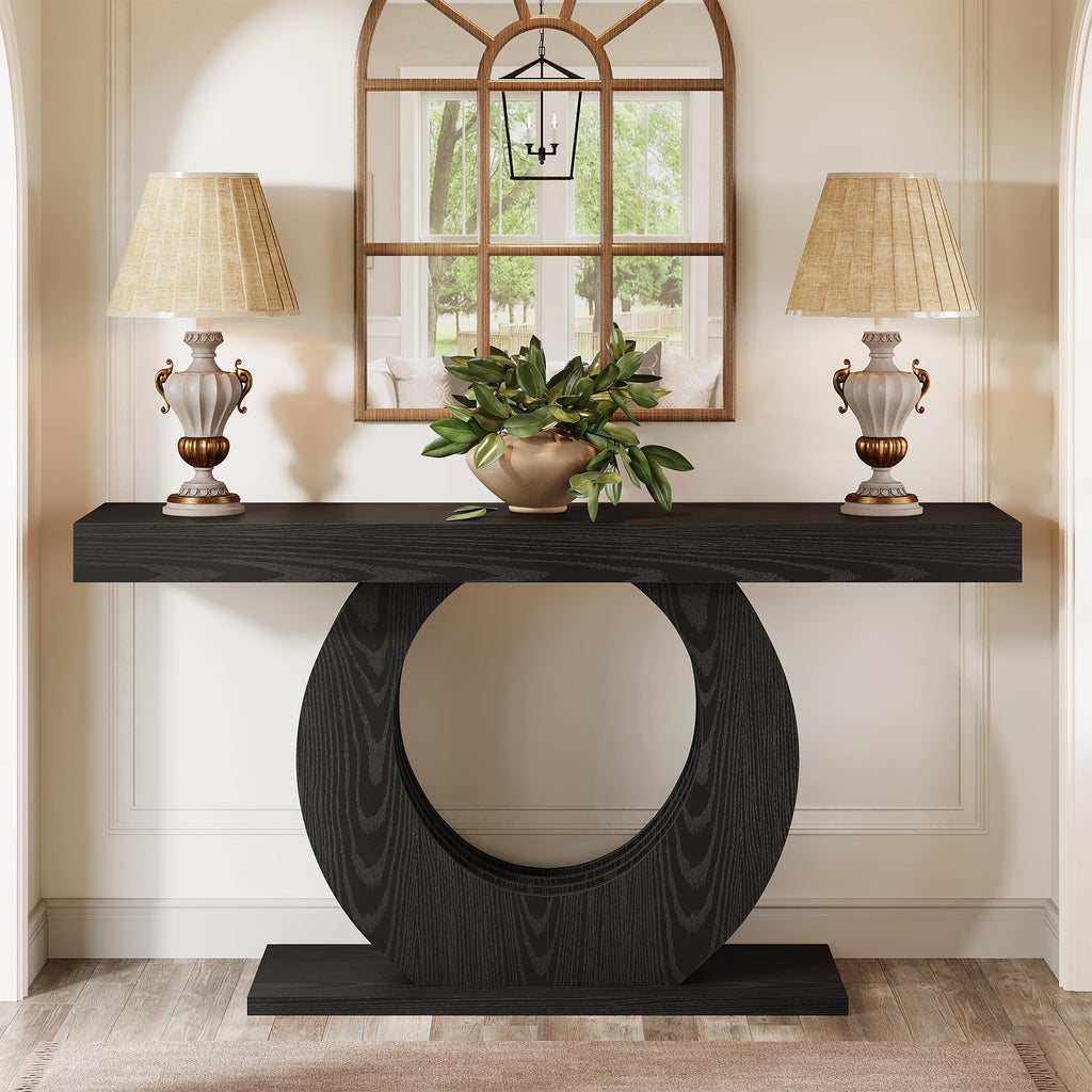 Tribesigns 63-Inch Console Sofa Table, Rustic Industrial Farmhouse Entryway Table, Narrow Long Couch Console Behind Sofa with Black Circle Base for Living Room Hallway, Rustic Brown