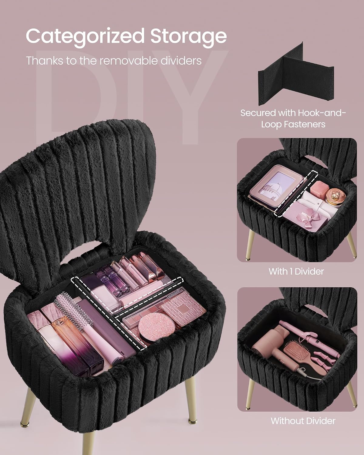 SONGMICS Small Vanity Chair with Storage and Folding Back, Vanity Stool, Footrest Footstool Ottoman, Dressing Table Stool, Furry Padded Seat, for Makeup Room, Bedroom, Ink Black ULOM532BH01