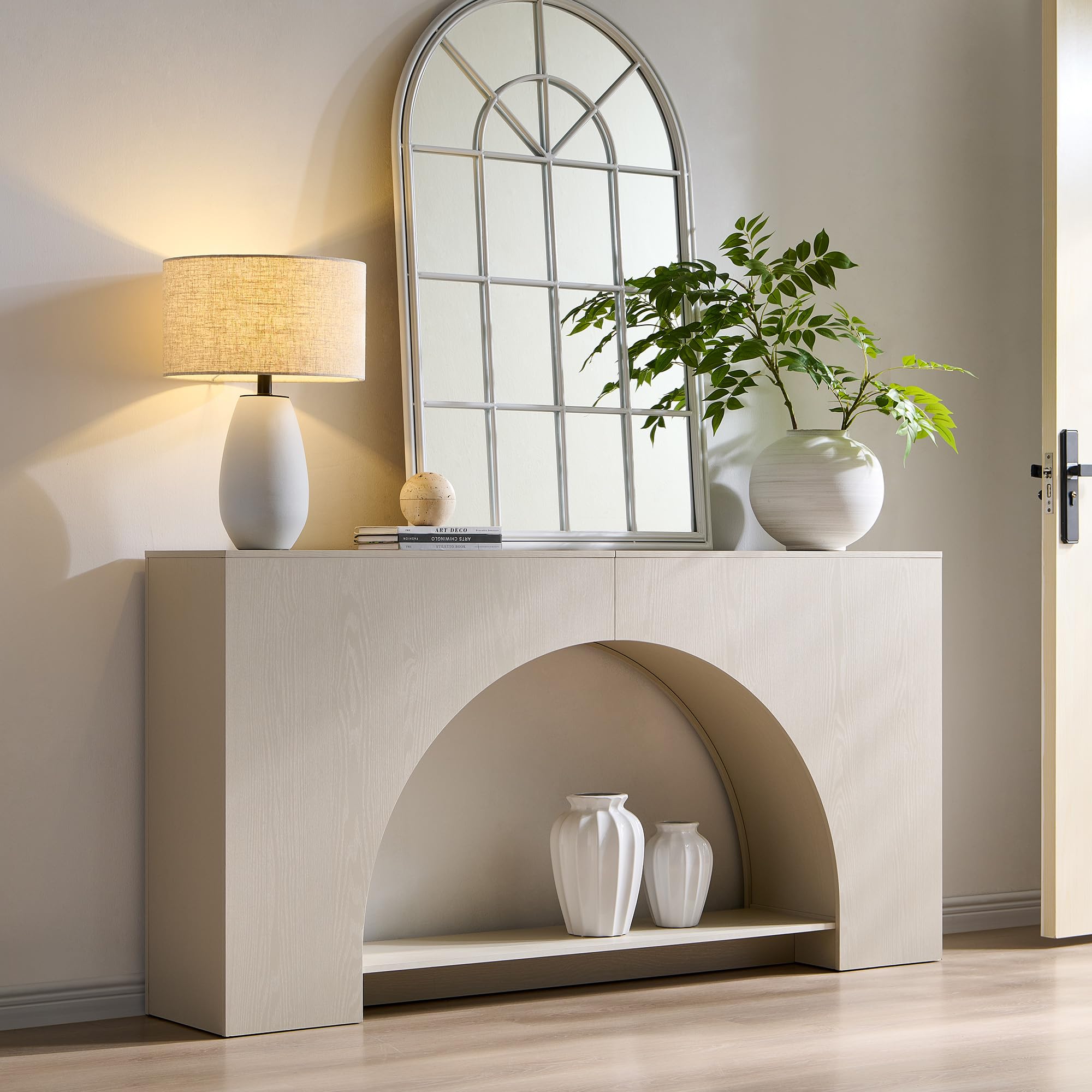 IFGET 63" Arched Console Table, 2-Tier Modern Entryway Table with Arched Base, Narrow Long Wood Sofa Table Behind Couch Table for Living Room, Hallway, Foyer, Natural