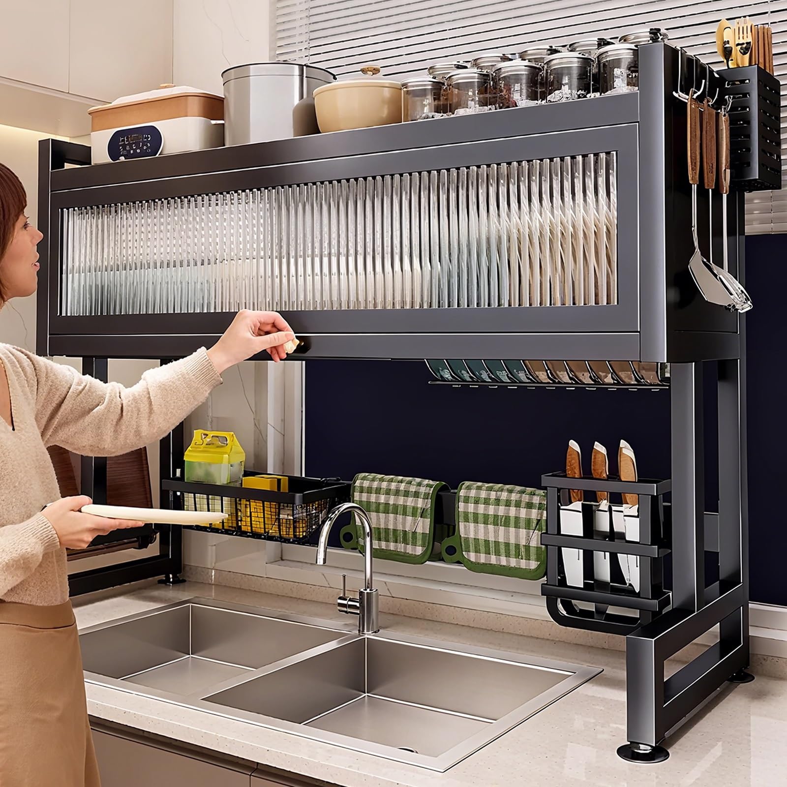 Kitchen steel over the sink dish drying rack, drainer racks for counter, Includes chopsticks, knife, cutting board holder, Acrylic cabinet doors,Organization Storage.(55 * 30 * 70cm)