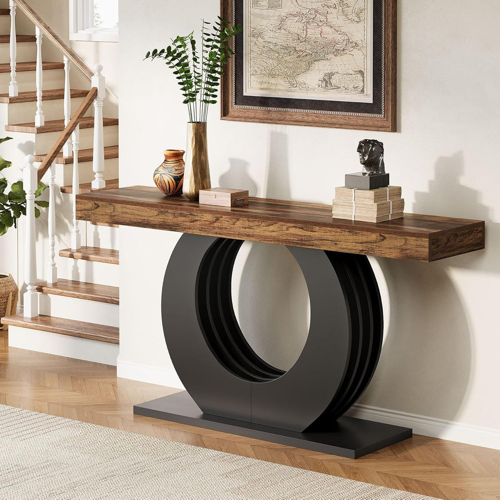 Tribesigns 63-Inch Console Sofa Table, Rustic Industrial Farmhouse Entryway Table, Narrow Long Couch Console Behind Sofa with Black Circle Base for Living Room Hallway, Rustic Brown