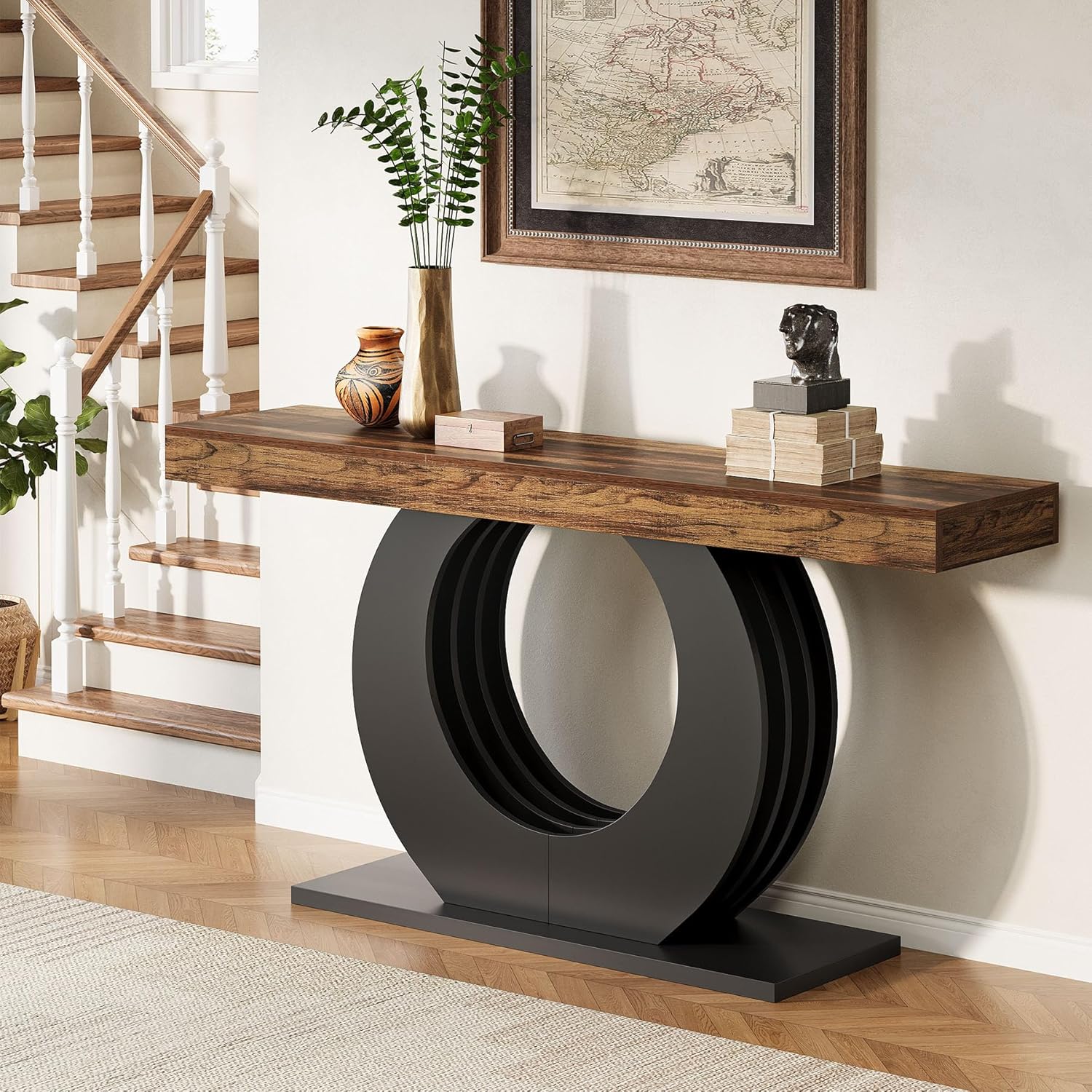 Tribesigns 63-Inch Console Sofa Table, Rustic Industrial Farmhouse Entryway Table, Narrow Long Couch Console Behind Sofa with Black Circle Base for Living Room Hallway, Rustic Brown