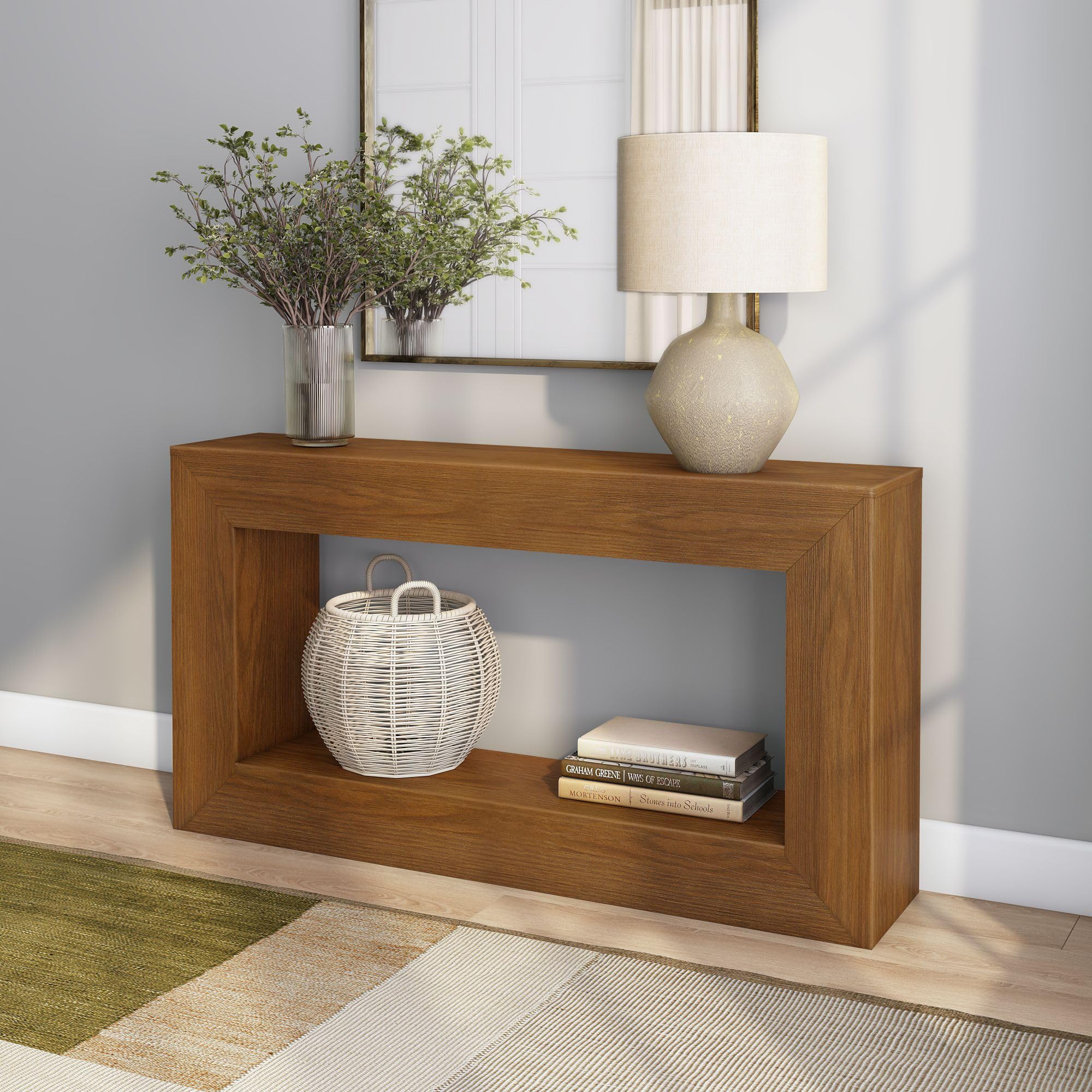 Plank+Beam Grand Console Table, 66 Inch Modern Solid Wood Sofa Table, Narrow Entryway Table for Hallway, Behind the Couch, Living Room, Foyer, Black Wirebrush