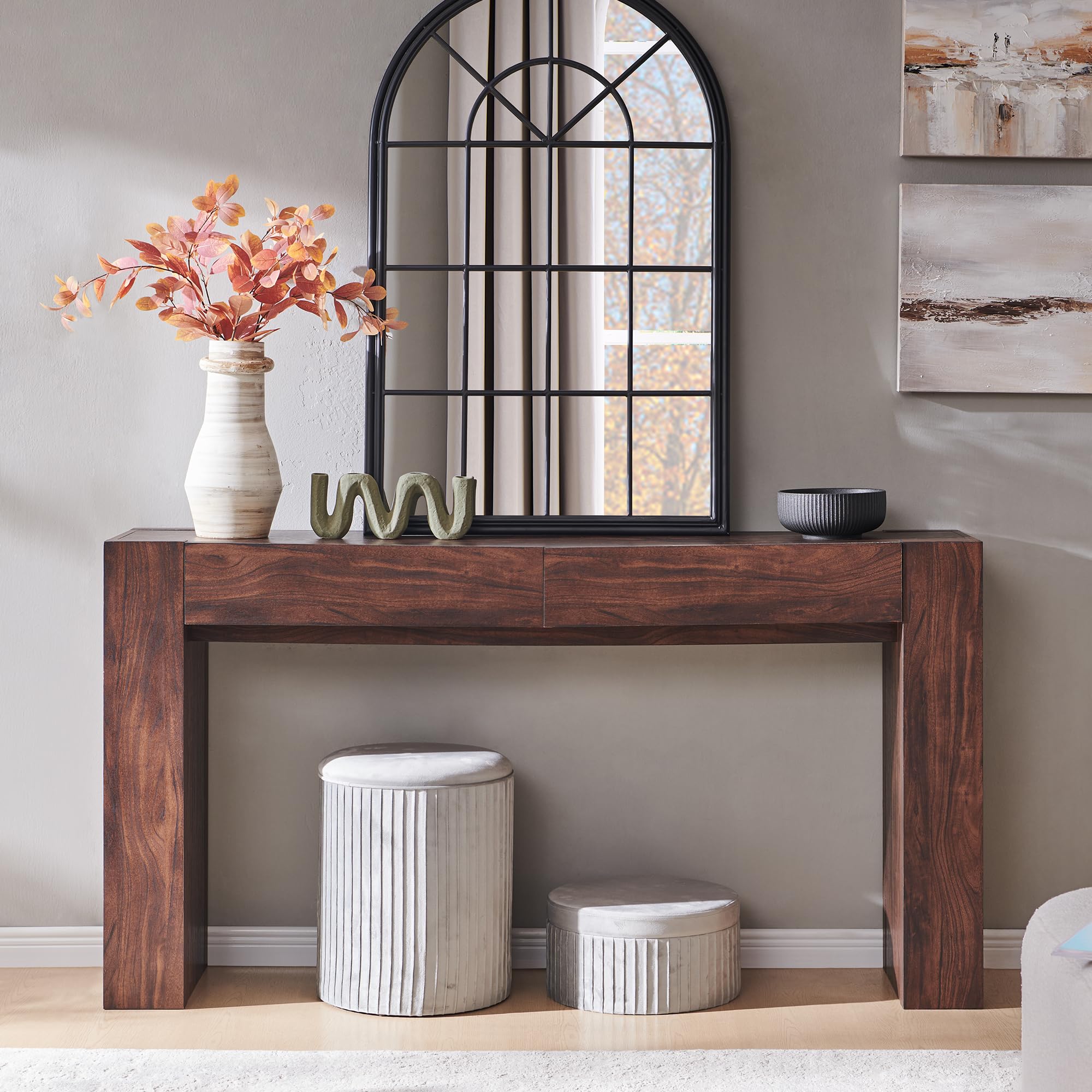 OKD Modern Entryway Console Table, Sofa Table with Drawers, 63" Long Hall Table Behind Couch, Thick Wood Design for Living Room, Hallway - Light Knotty Oak