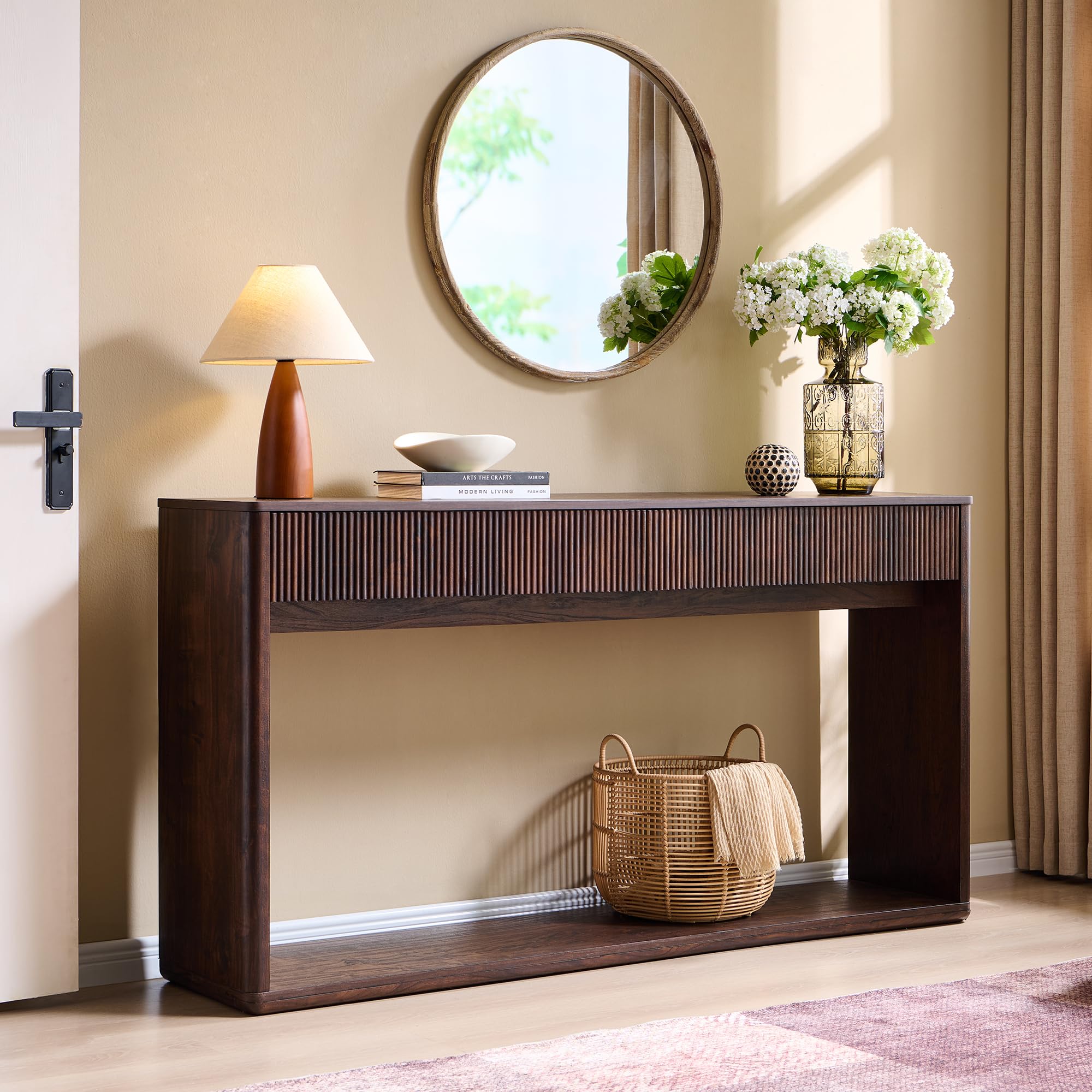 OKD 63" Fluted Console Table for Entryway, Modern Entryway Table with 2 Large Drawers, Long Sofa Table Behind Couch for Living Room, Hallway, Couch, Foyer，Natural Oak