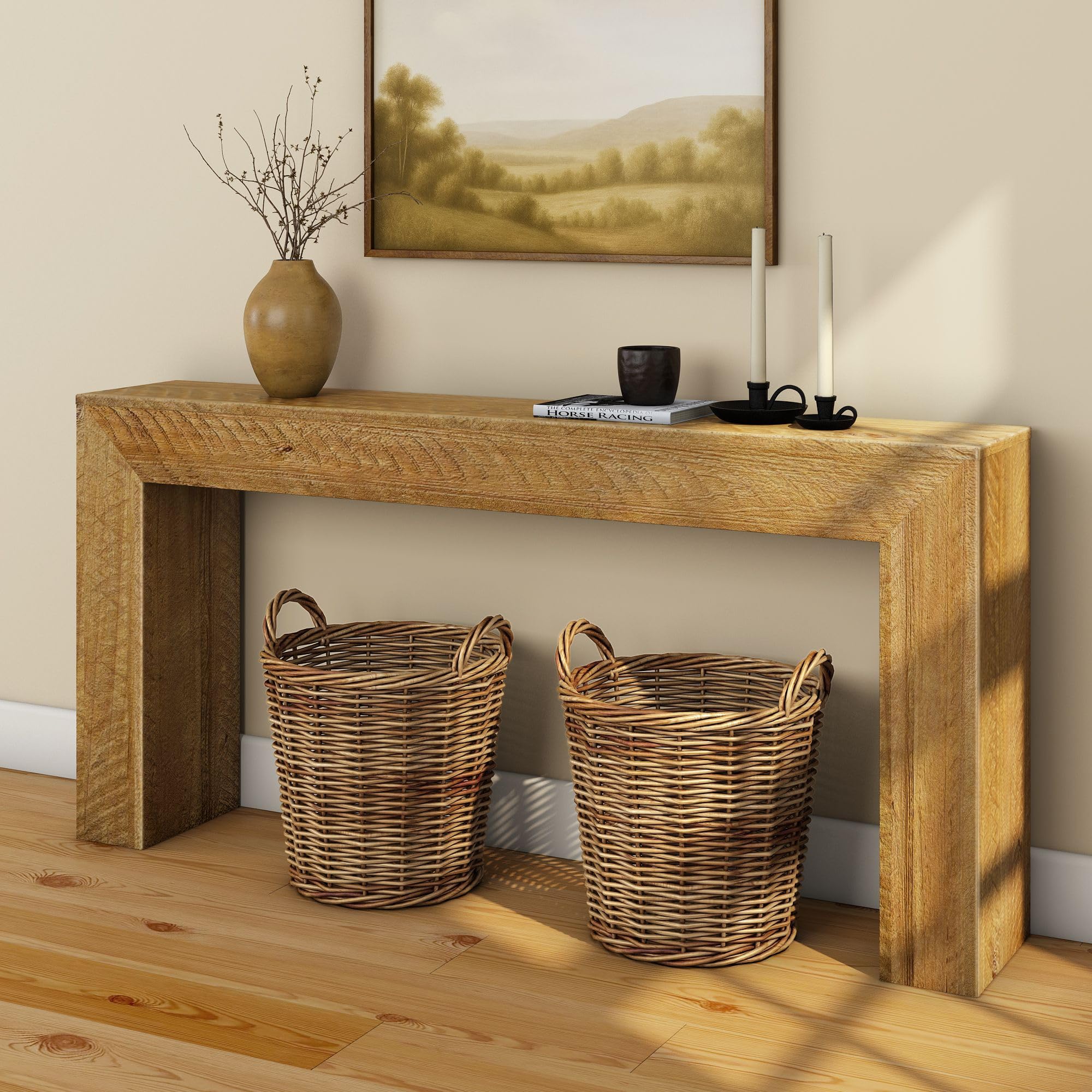 Plank+Beam Grand Console Table, 66 Inch Modern Solid Wood Sofa Table, Narrow Entryway Table for Hallway, Behind the Couch, Living Room, Foyer, Black Wirebrush