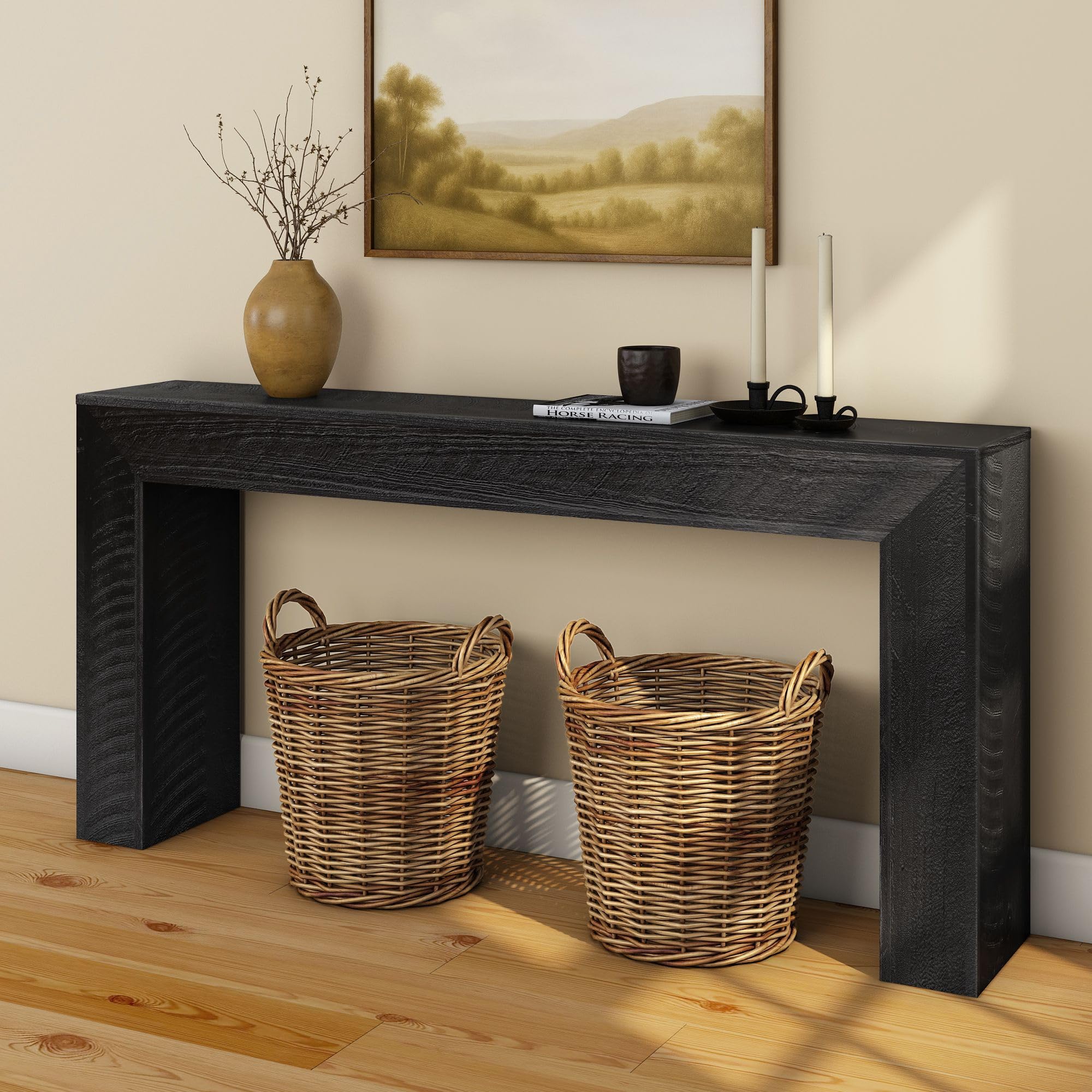Plank+Beam Grand Console Table, 66 Inch Modern Solid Wood Sofa Table, Narrow Entryway Table for Hallway, Behind the Couch, Living Room, Foyer, Black Wirebrush
