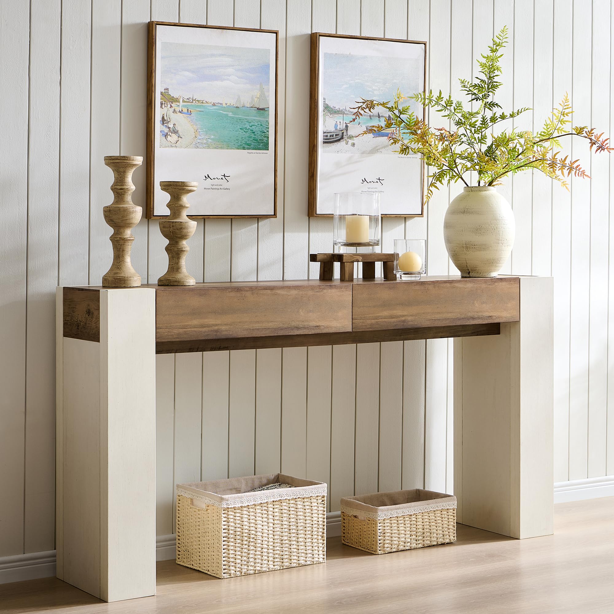 OKD Modern Entryway Console Table, Sofa Table with Drawers, 63" Long Hall Table Behind Couch, Thick Wood Design for Living Room, Hallway - Light Knotty Oak
