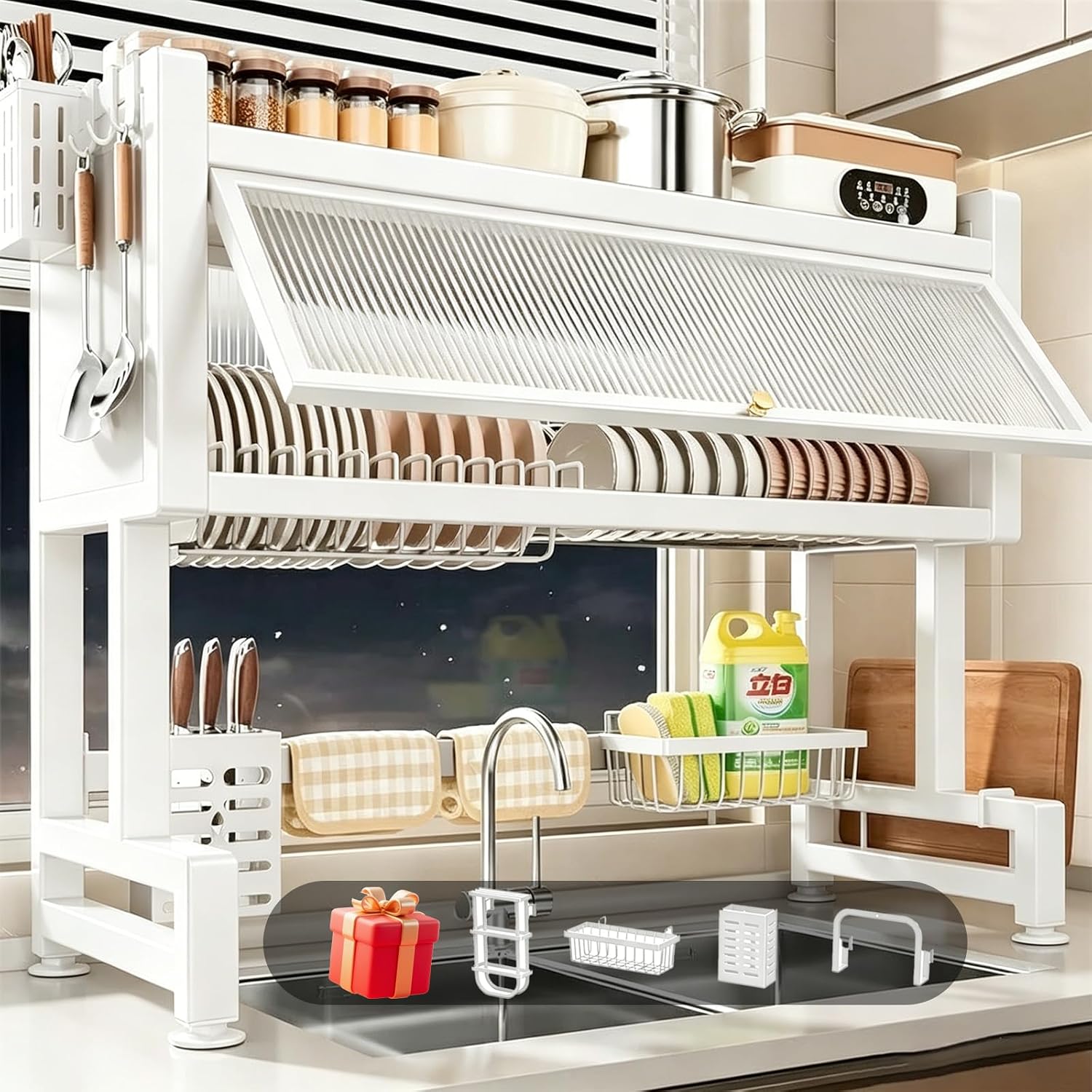 Over the Sink Dish Drainer Drying Rack, Dish Rack Over Sink, Piano Finish, Modern Dish Racks, for Dishes, Glasses, Bowls, and Cutlery