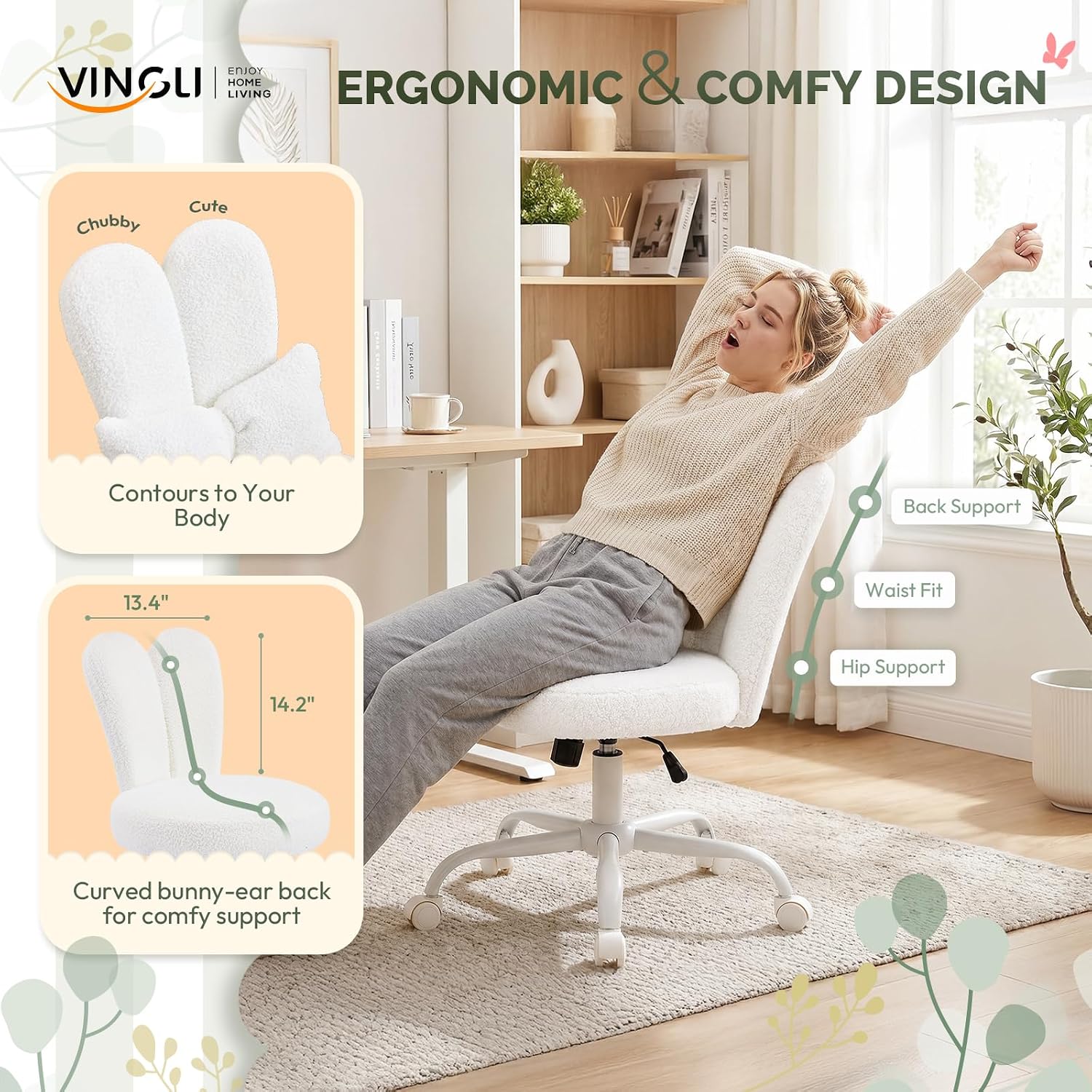 VINGLI Playful Rabbit Ear Swivel White Vanity Desk Chair with wheels&Bow Pillow,Cute Comfy Small Armless Adjustable Rolling Stool for Bedroom/Home Office,for Kids,Teens,Girls,Women,Adults,Teddy Fleece