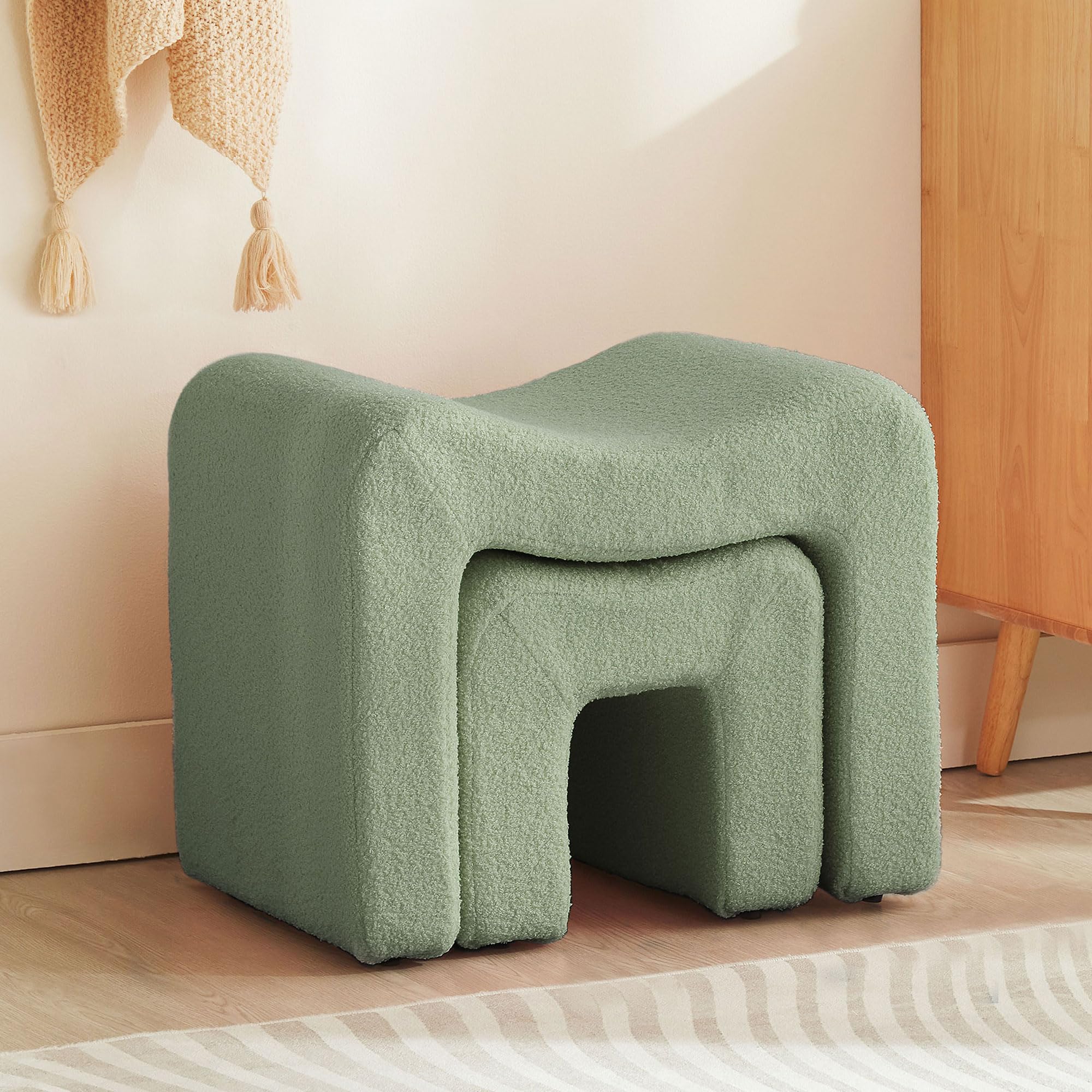 Ottoman Vanity Stool Chair Small Footstool Seating Backless Modern Foot Rest Teddy Velvet Ottoman for Makeup Room Living Room Bedroom Entryway,White (Single 1)