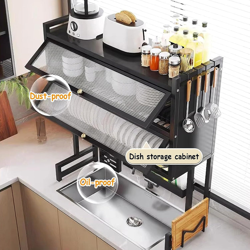 Over The Sink Dish Drying Rack 3 Tier with Acrylic Doors and Suction Cup Feet Kitchen Sink Caddy Organizer Carbon Steel Large Dishes Drying Rack for Kitchens(White,85 * 28 * 102cm)