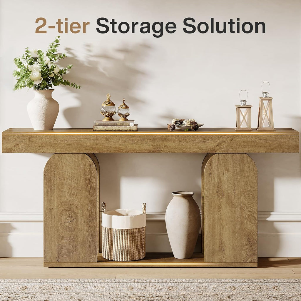 Tribesigns 70.9-Inch Extra Long Sofa Table, Farmhouse Console Tables with Wood Frame and Storage Shelf, 2-Tier Wood Table Behind Couch for Living Room, Hallway, Foyer, Light Brown