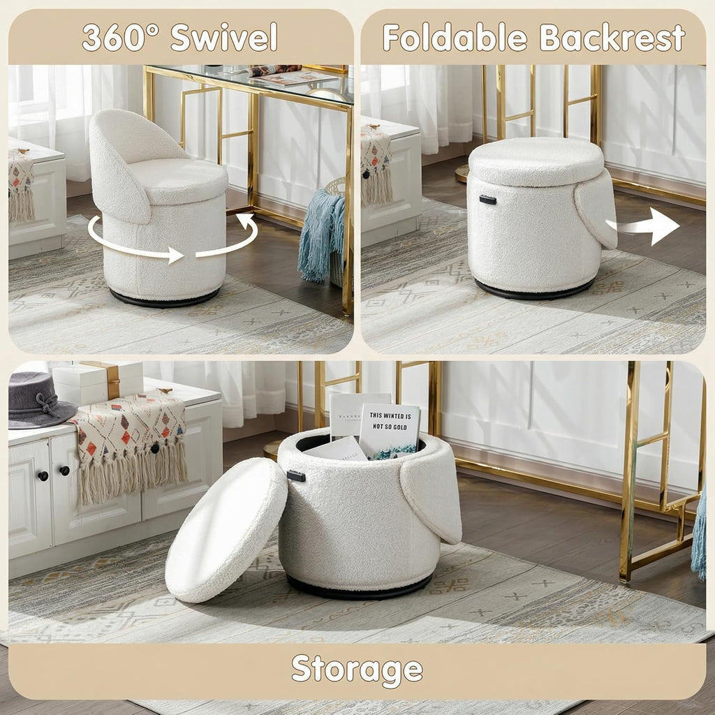 LukeAlon Sherpa Makeup Ottoman with Storage, Upholstered 360° Swivel Vanity Stool with Foldable Backrest Modern Cylindrical Footrest Stool for Living Room Bedroom, White