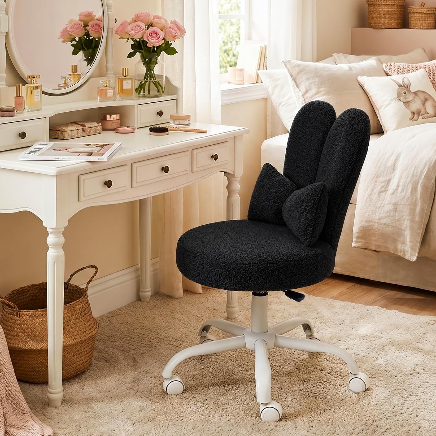 VINGLI Playful Rabbit Ear Swivel White Vanity Desk Chair with wheels&Bow Pillow,Cute Comfy Small Armless Adjustable Rolling Stool for Bedroom/Home Office,for Kids,Teens,Girls,Women,Adults,Teddy Fleece
