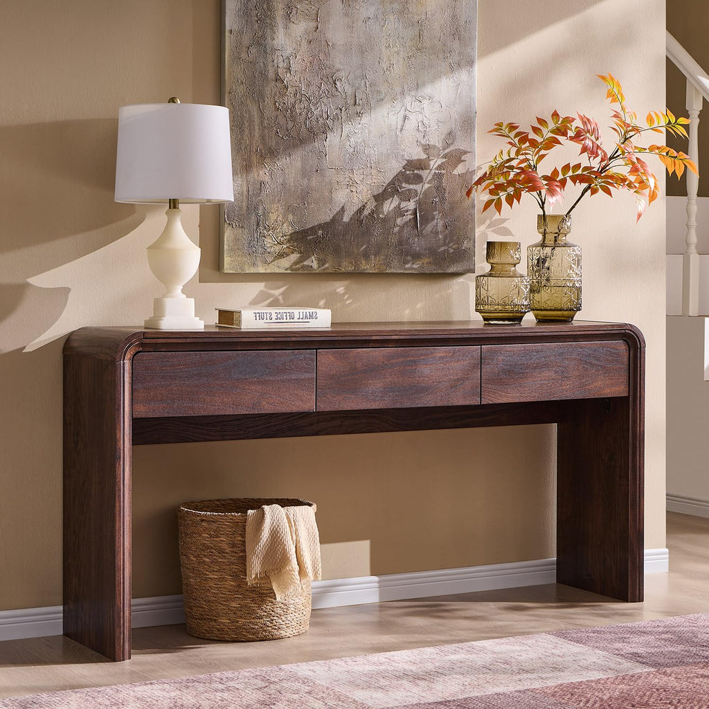63" Natural Curved Console Table with 3 Drawers, Narrow Sofa Table for Foyer Hallway