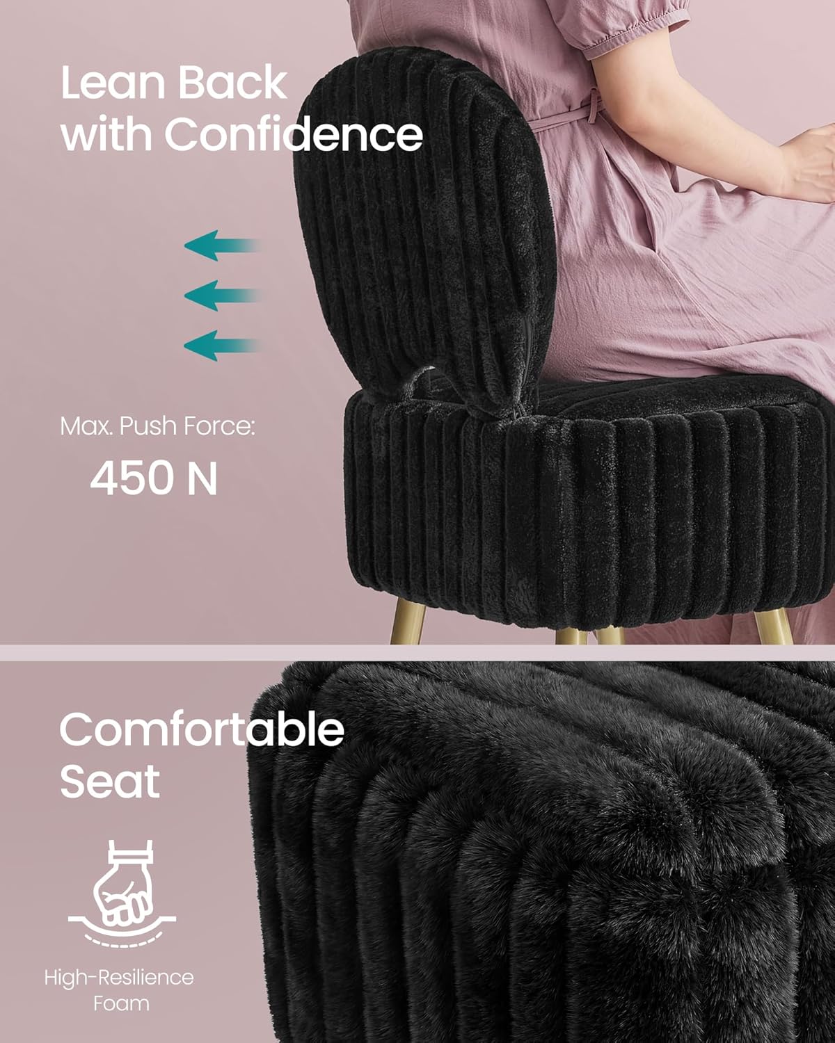 SONGMICS Small Vanity Chair with Storage and Folding Back, Vanity Stool, Footrest Footstool Ottoman, Dressing Table Stool, Furry Padded Seat, for Makeup Room, Bedroom, Ink Black ULOM532BH01