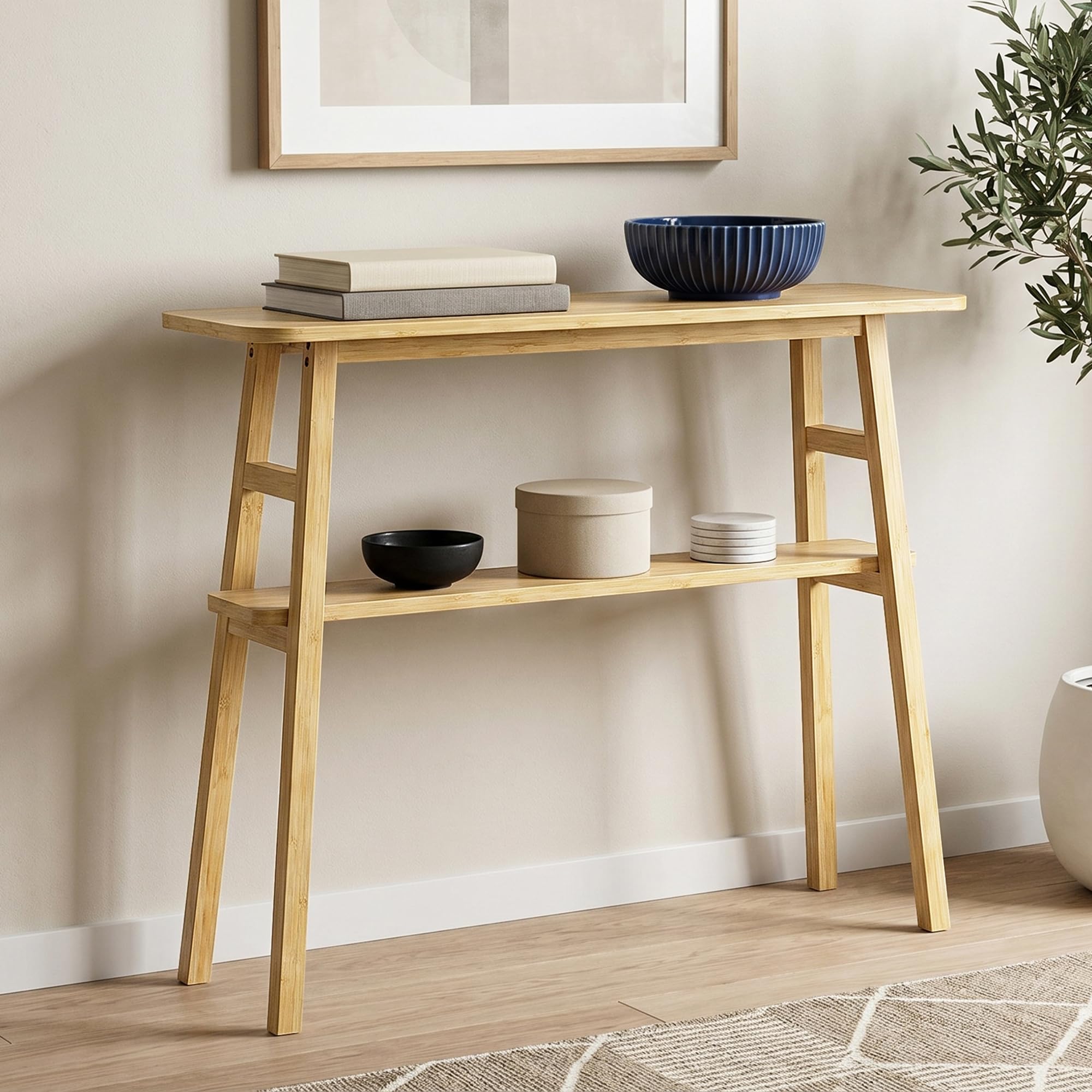 39.4" Brown Bamboo Narrow Console Table with Lower Storage Shelf