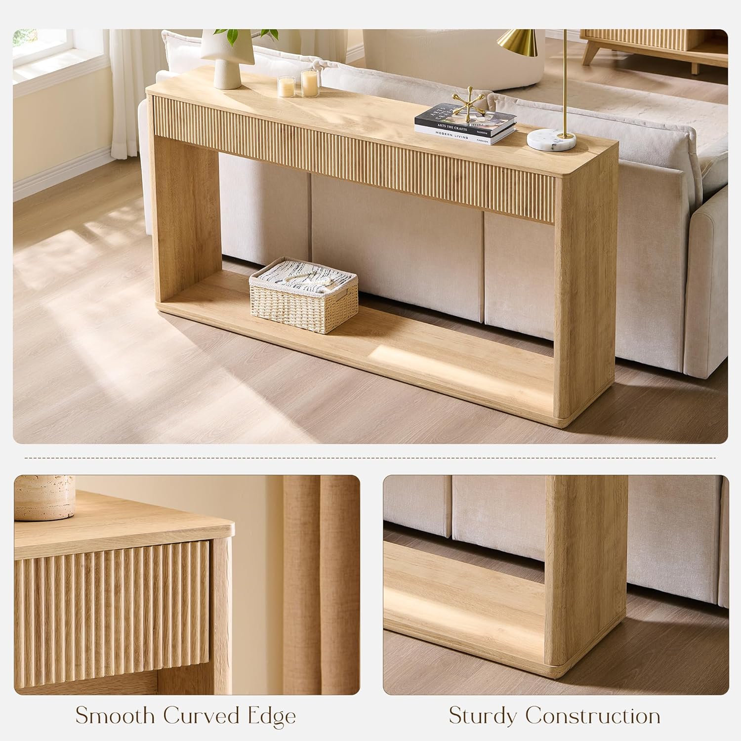 OKD 63" Fluted Console Table for Entryway, Modern Entryway Table with 2 Large Drawers, Long Sofa Table Behind Couch for Living Room, Hallway, Couch, Foyer，Natural Oak