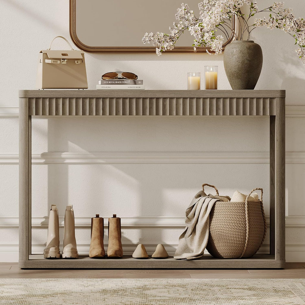 SICOTAS Entryway Table with Storage Shelf, Modern Console Table, Fluted Narrow Entry Table 47.32" Entry Way Table, Wooden Couch Table Behind Sofa for Living Room Hallway Entrance Foyer, Grey Alder