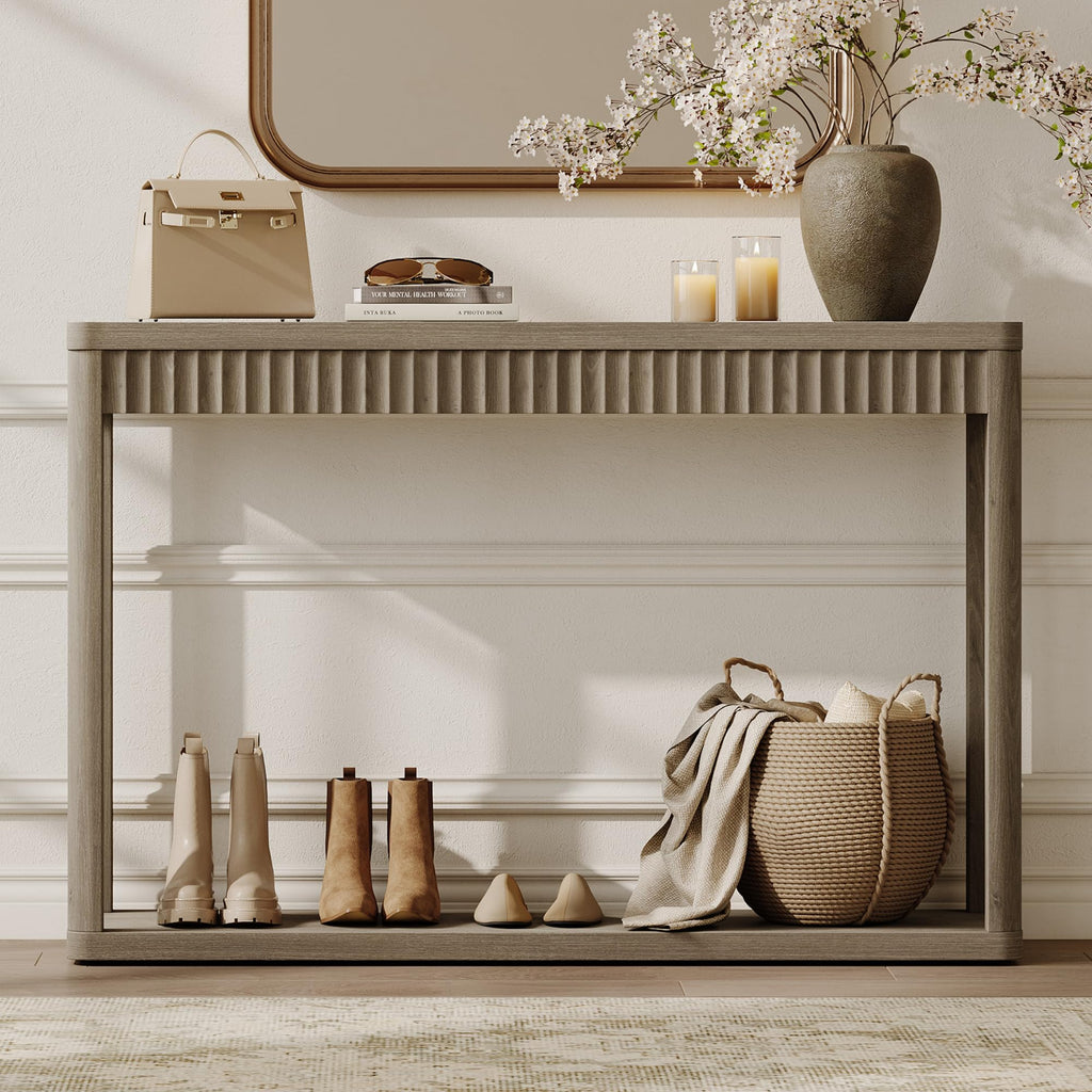 SICOTAS Entryway Table with Storage Shelf, Modern Console Table, Fluted Narrow Entry Table 47.32" Entry Way Table, Wooden Couch Table Behind Sofa for Living Room Hallway Entrance Foyer, Grey Alder