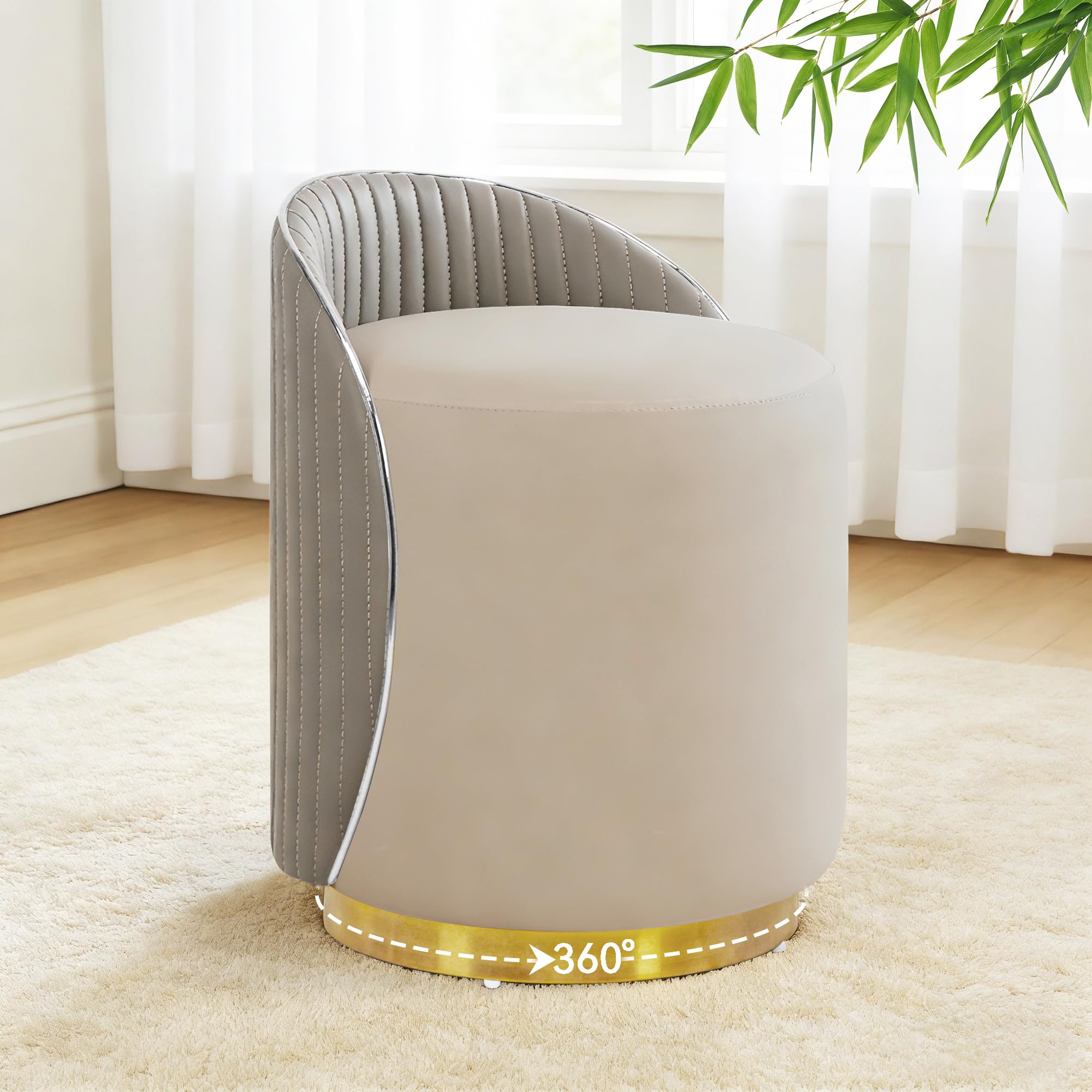 Vanity Stool with Back, 360° Swivel Round Makeup Vanity Chair, Foot Stools Ottoman Faux Fur, Upholstered Multifunctional Accent Stool for Makeup, Bedroom, Living Room, Cream