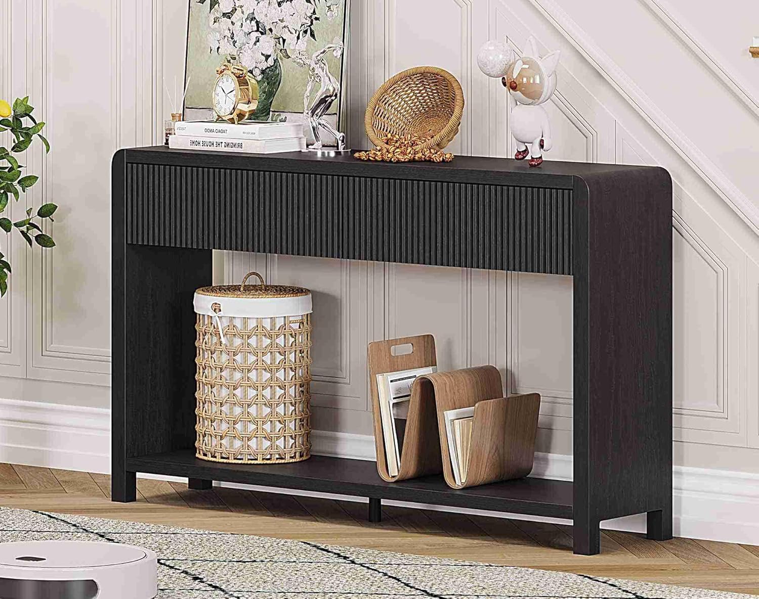 FATORRI Console Table for Entryway, Modern Sofa Table with 2 Drawers for Living Room, Wood Hallway Tables and Couch Tables Behind Sofa (47.2 inch, Black)