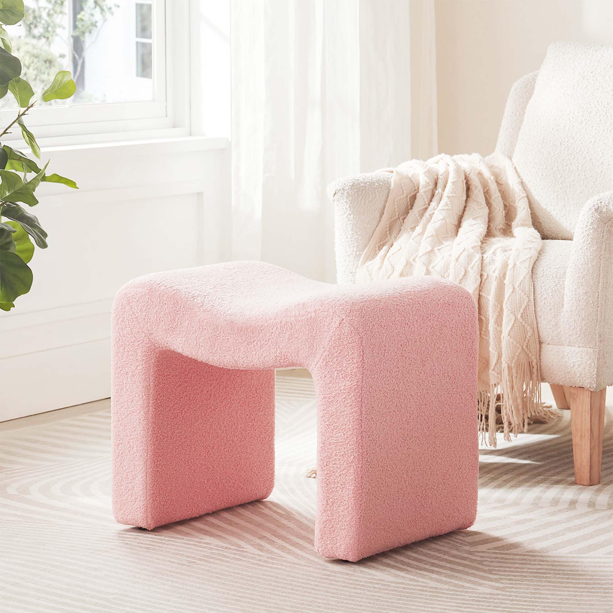 Ottoman Vanity Stool Chair Small Footstool Seating Backless Modern Foot Rest Teddy Velvet Ottoman for Makeup Room Living Room Bedroom Entryway,White (Single 1)